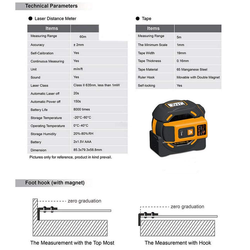 2 in 1 Tape Measure Telemetro Laser, Metro A Nastro 16,5 Ft / 5 M, Telemetro Laser 196.85 Ft / 60 M, HD E Display LCD, Autobloccanti, Hook Attivo, Adatto Per DIY