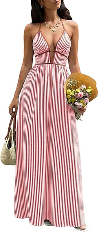 Women Sleeveless Long Dress Halter Deep V Neck Dresses Backless Striped Print Dresses Summer Cocktail Party Dress
