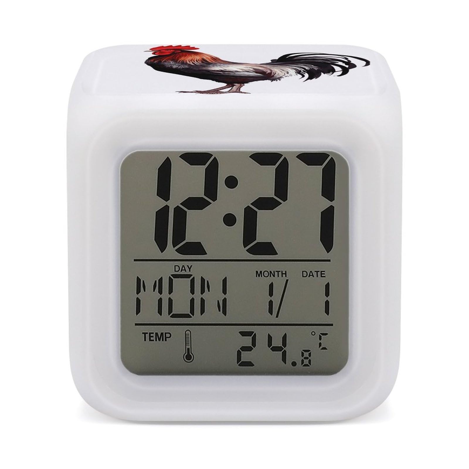 FekiLoot Rooster Alarm Clock for Heavy Sleepers Small Digital Alarm Clock with Date Temperature Wake Up Digital Clocks with 7 Colors Changing Desk Clocks for Bedroom Bedside Nightstand