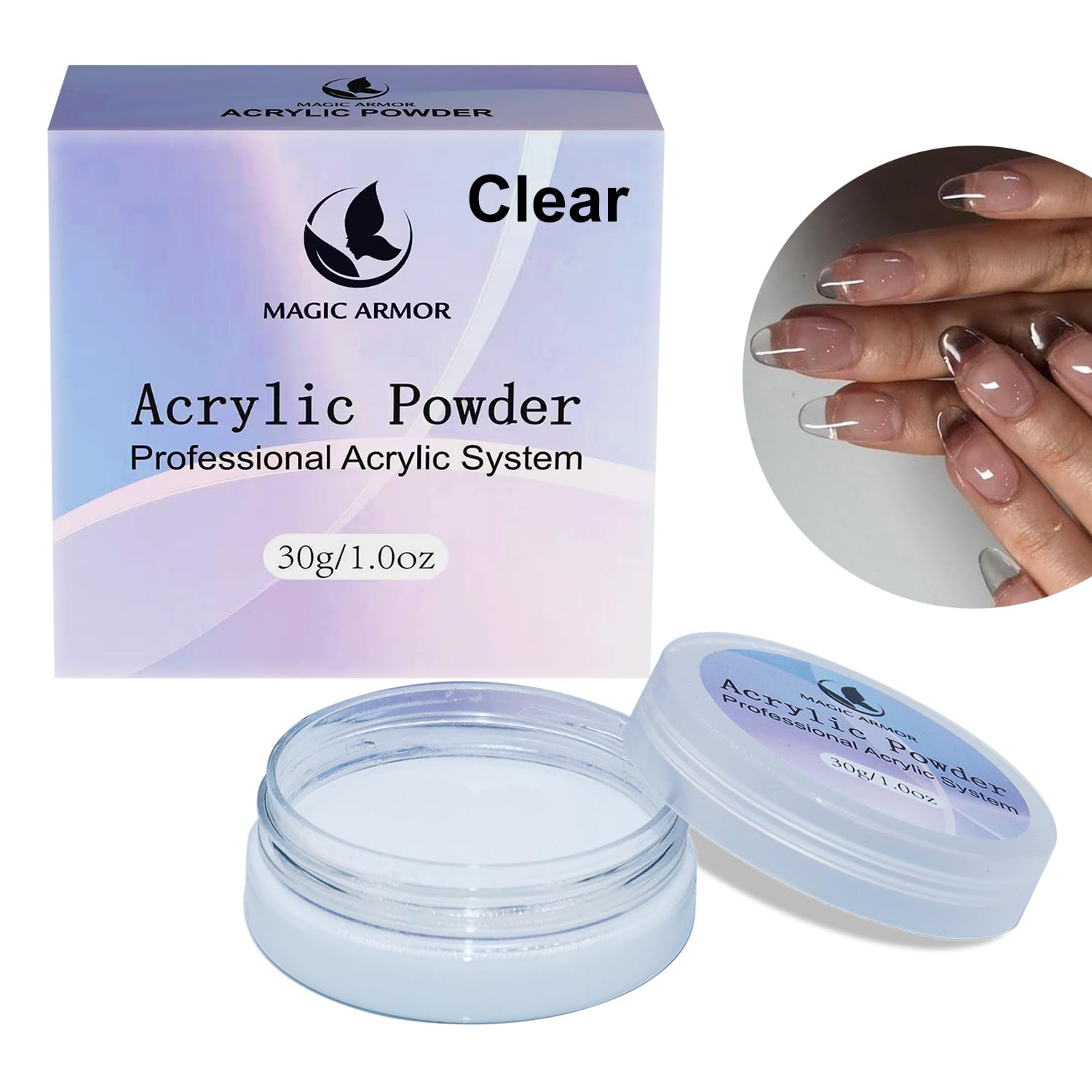 MAGIC ARMORAcrylic powder for nails, 30 g, acrylic powder, easy to shape, non-yellowing formula, professional acrylic powder for the extension of acrylic nails for home and salon (clear)