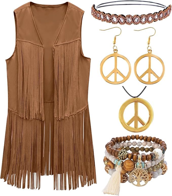 kasahara Cowgirl Outfits for Women Fringe Vest Cowgirl Top 70s Fancy Dress Women, 60s Fancy Dress for Women Cowgirl Costume Set for Halloween, Festival (Brown 01, L)