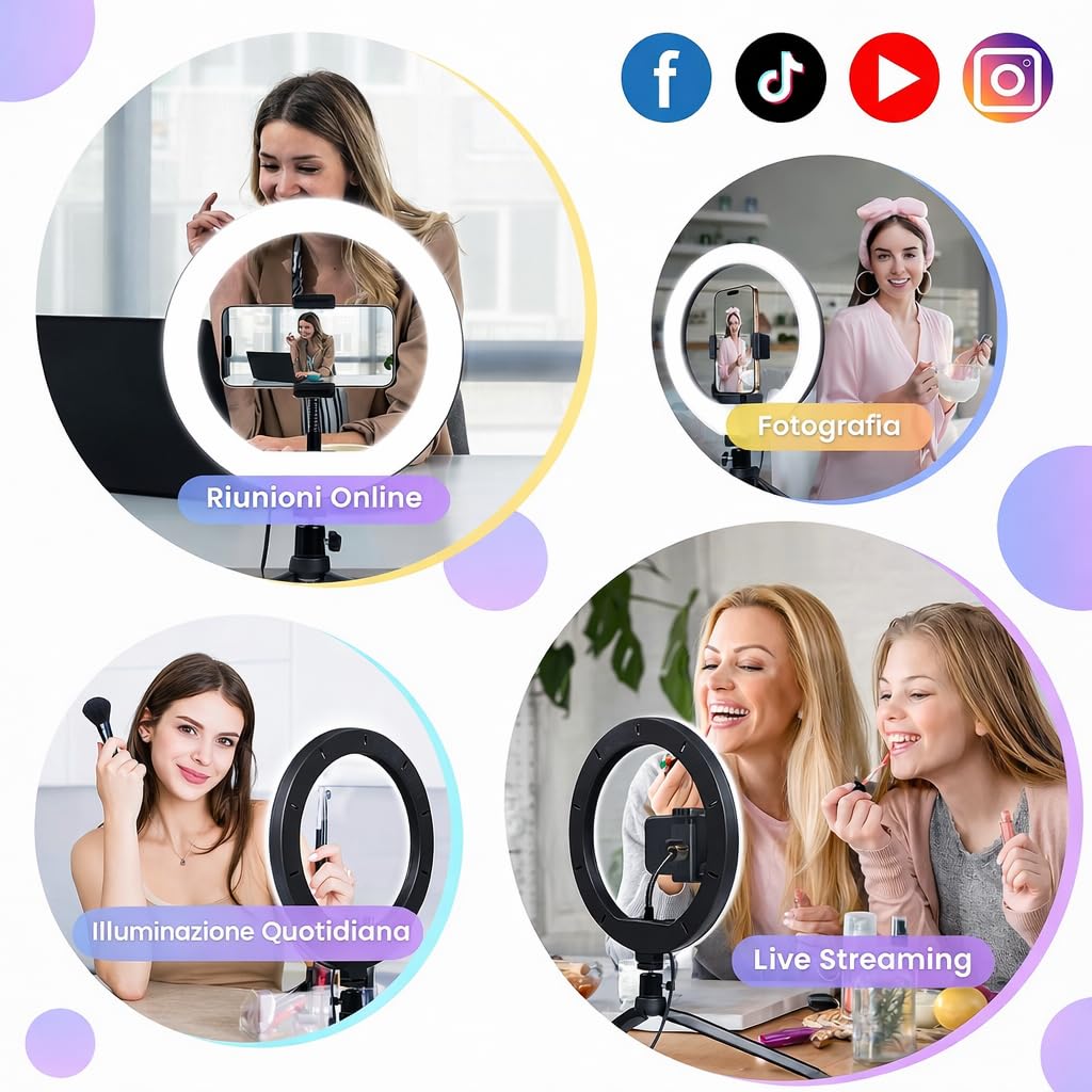 Lampada ad Anello LED 12" 30cm Regolabile per Selfie Video Foto Treppiede 3 Modalità Illuminazione
