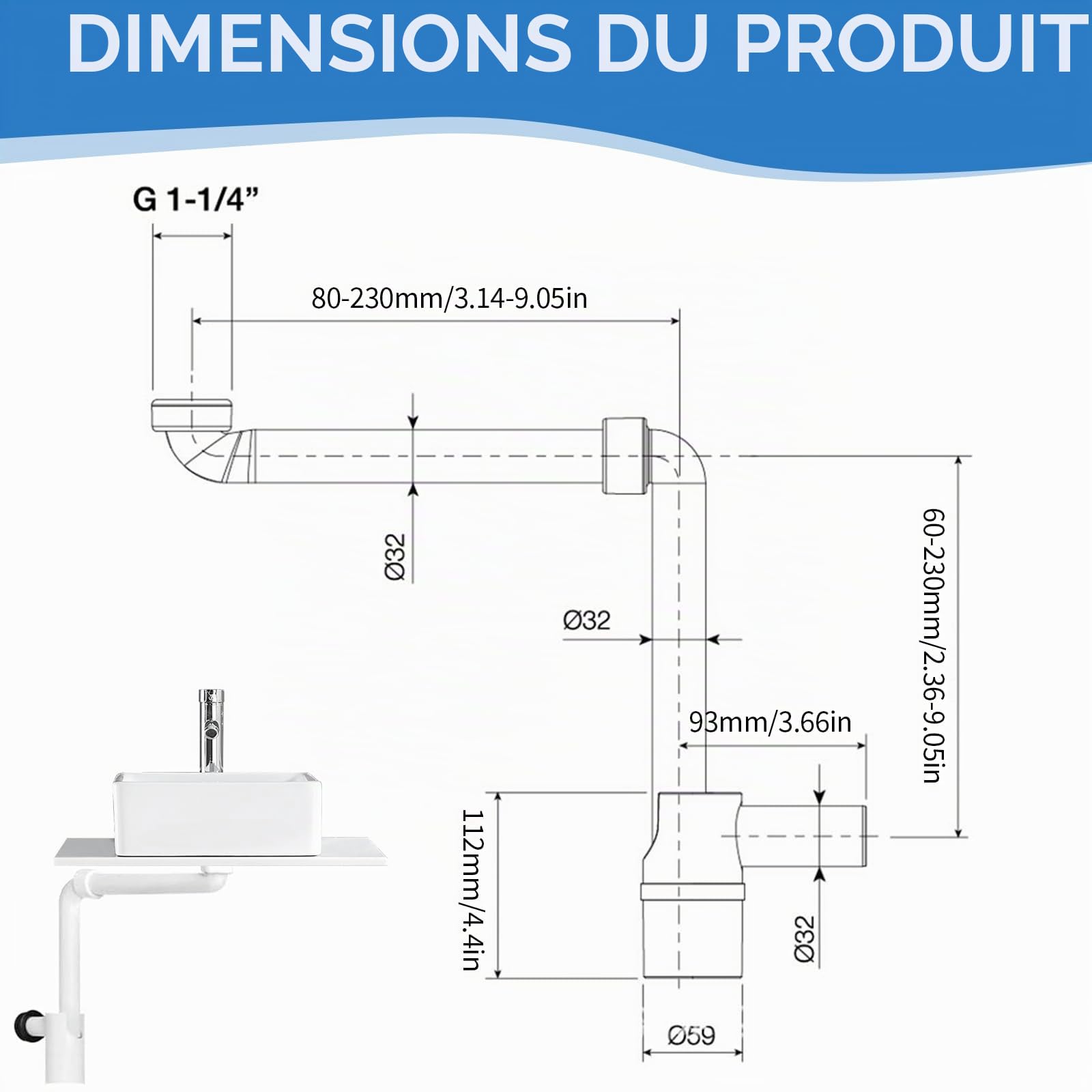 Siphon lavabo extra plat 32 mm, siphon gain de place orientable 360° avec clapet anti-odeur, kit bonde et tuyau d'évacuation pour salle de bains, muezzin réglable