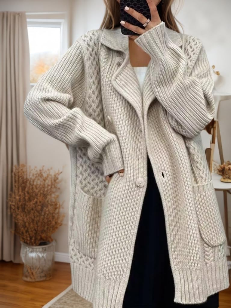 Gilet Long en Maille Torsadée pour Femme Col À Revers Veste Croisée en Maille avec Poches Manteau Gilet Oversize Épais et Chaud pour L'Automne et l'hiver