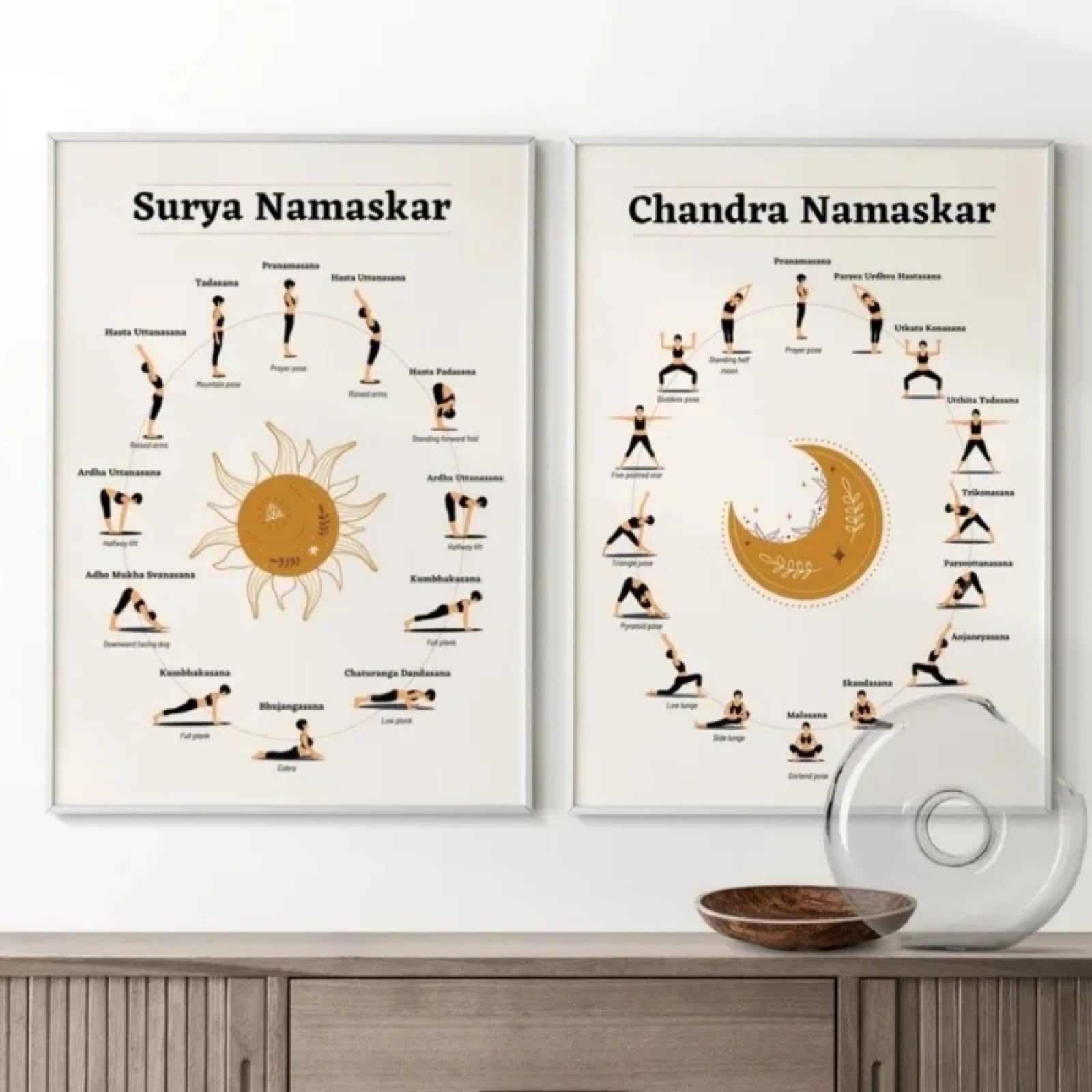 HURCP Set Of 2 Yoga Poss Surya Chandra Namaskar Sport Poster Sun And Moon Salutation Mindful Canvas Painting Modern Wall Art For Gym Living Room Home Decor,30x40 CM (11.8x15.8 In)