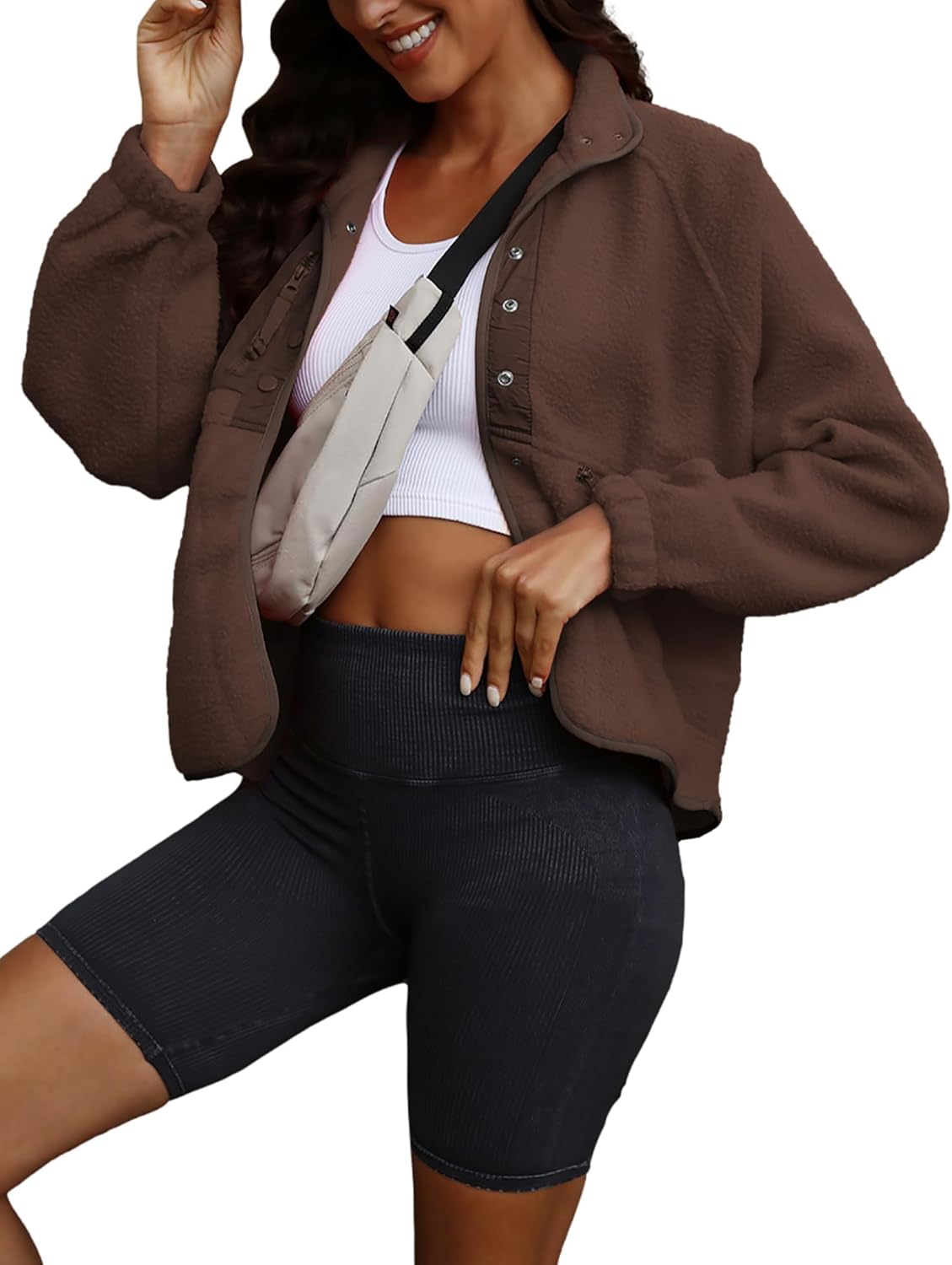 ReachMe Womens Sherpa Jacket Casual Lapel Button Down Cropped Fuzzy Fleece Jackets Long Sleeve Winter Coats with Pockets - Image 6