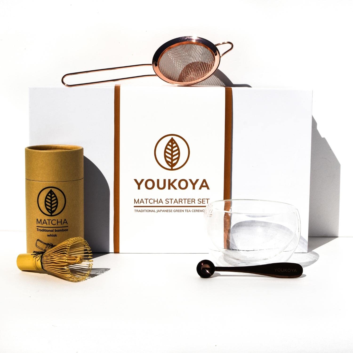 Matcha Traditional Starter Set (4 Pieces) - Double-walled glass bowl (300 ml), rose gold sifter, bamboo whisk (Chasen) with eco-friendly power tube, 1 g measuring spoon for Japanese tea ceremony