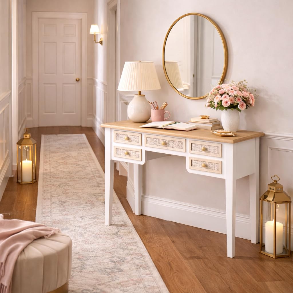 Scrivania Bianca in Legno 90x40x79 cm con 5 Cassetti, Scrittoio Elegante Stile Shabby Charm per Studio, Camera e Cucina