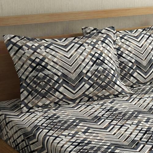 Image of Home Sizzler 210 TC Microfibre Abstract Geometric Print Double Fitted Bedsheet (72X78 inch) with 2 King Size Pillow Covers