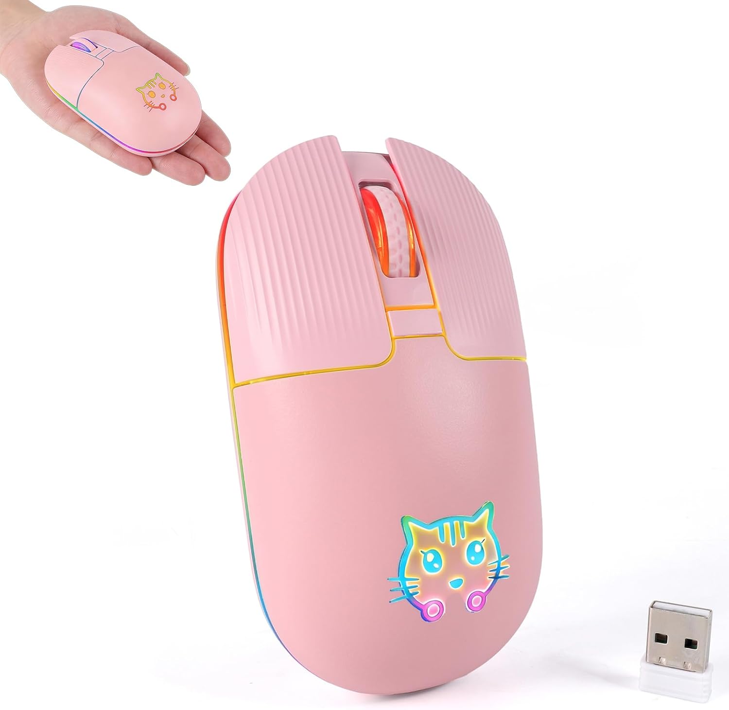 RGB Wireless Mouse, Type-C Rechargeable, Silent Buttons, LED Breathing Light, Cat Pattern, for Laptop and Desktop