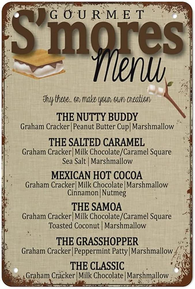 peiyeety Menu S'Mores Sign Camping Party S'Mores Wedding Bar Vintage Sign Retro Wall Decor for Home Cafes Office Store Pubs Club Plaque Tin Sign 8x12inch