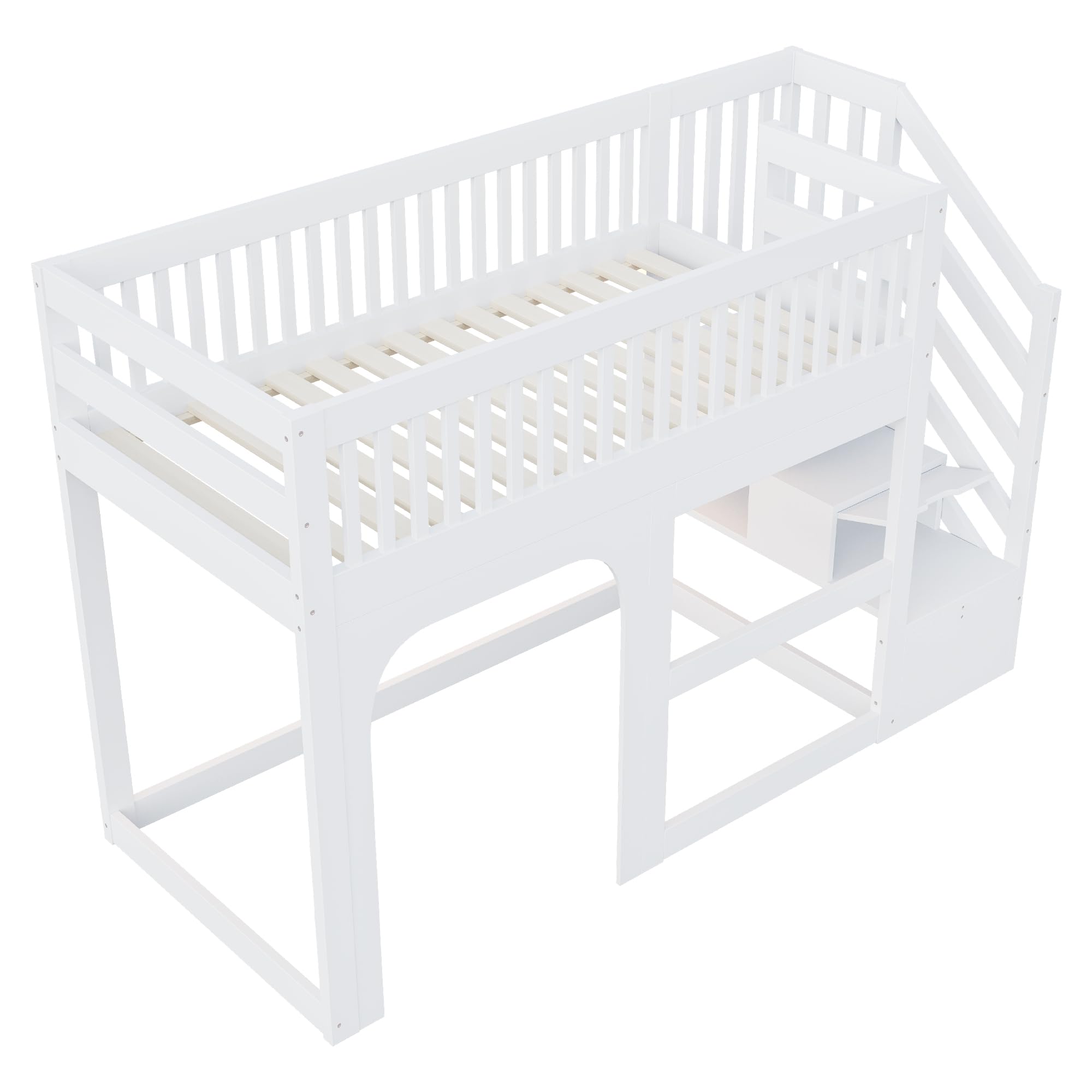 Cama alta infantil de 90 x 200 cm con aspecto de puerta y ventana, con escalera ascendente con espacio de almacenamiento, espacio de almacenamiento abierto debajo de la cama, equipada con iluminación