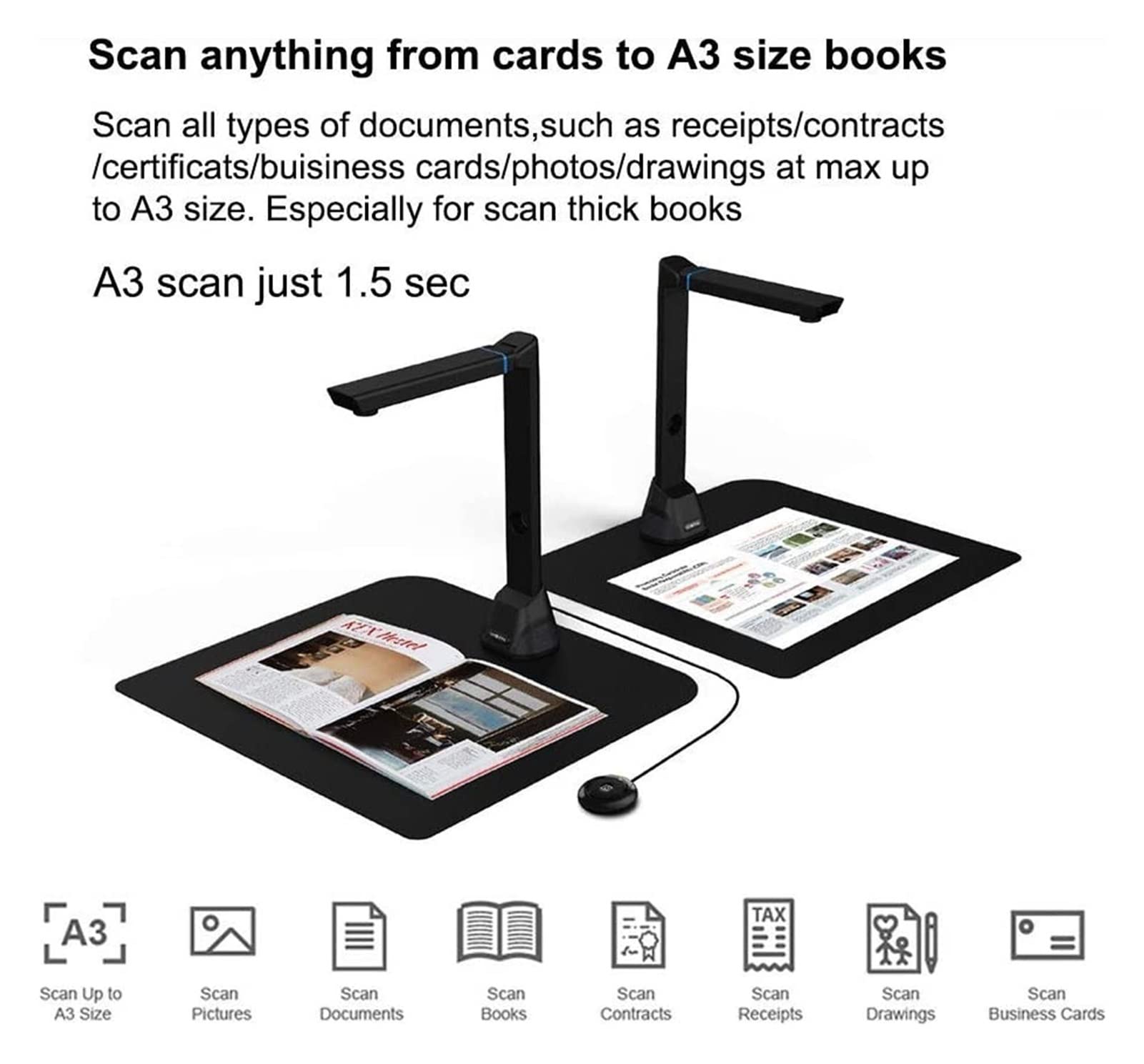 Escáner portátil, Vk16 Libro Documento Scanner High Definition 1 6MP Escáner Portátil for Office Teachercapture Tamaño A3 Multi-Idioma(E-U)