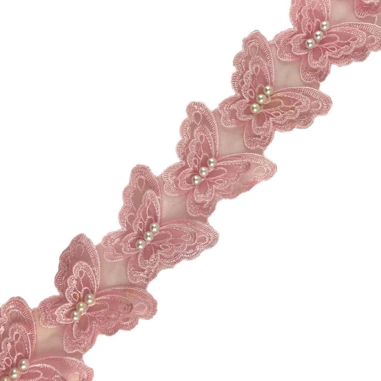 MMvolesy 15Pc Pink Butterfly Pearl Organza Lace Trim Knitting Embroidered Handmade Patchwork Wedding Ribbon Sewing Supplies Craft 2"*2.5"Inch