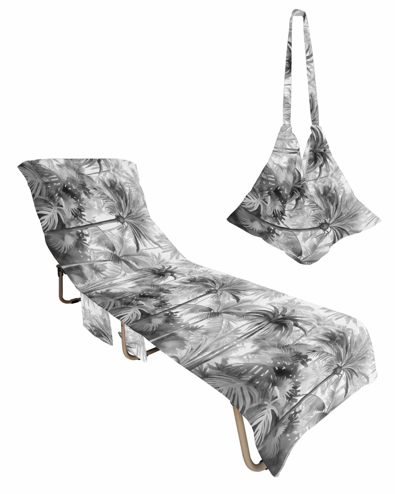 Grey Palm Tree Beach Chair Cover with Side Pockets, Microfiber & Quick Dry Pool Chaise Lounge Chair Towels Covers for Sun Sunbathing Patio Garden Hotel, Summer Tropical Coconut Watercolor