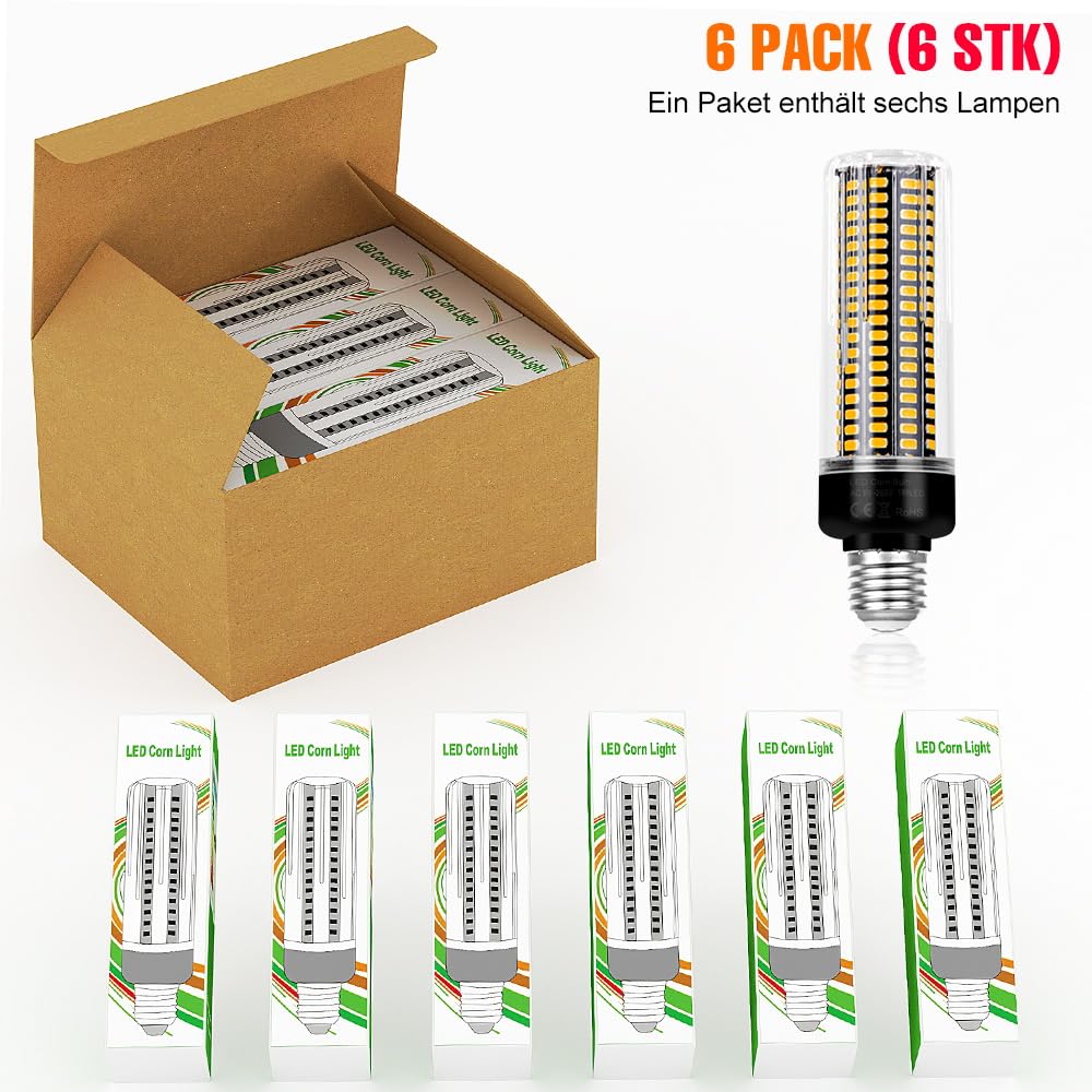 WENNI 6Stück E27 Glühbirnen Mais LED Lampe 3000K Warmweiss 15W Gemessene Leistung 220V Energiesparend 189Leds Maisbirne 2 Jahre Garantie für Küche Schlafzimmer Wohnzimmer Innenbeleuchtung Leuchtmittel