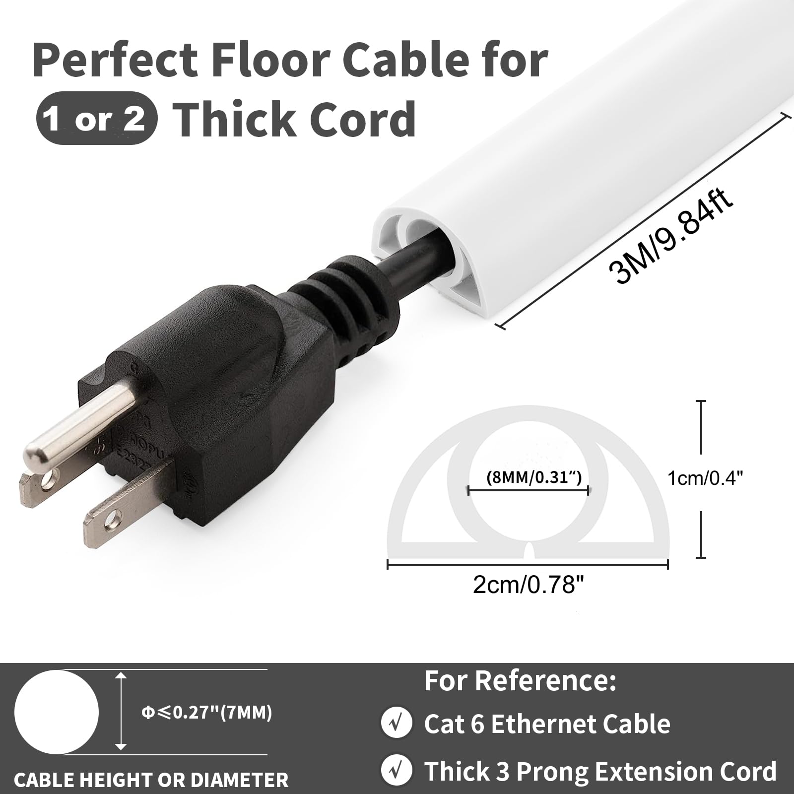 Pasacables Suelo, Canaleta Cables Suelo, 3.0M x2cm Protector de Cables para Suelo, Cubiertas de Suelo para Cables Autoadhesiva Montaje para Todos los Hogar, Oficina, Escuela,Almacén(Blanco-Redondeado) — view 3