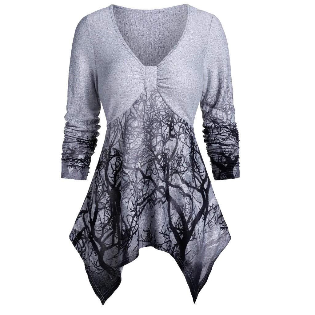 iHAZA Women Plus Size Tops Marled V Neck Tree Print Asymmetrical Hem Long Sleeve T Shirt Blouse