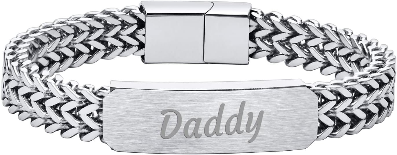 Daesar Chain Bracelet for Men Stainless Steel Wheat Chain Dog Tag Engraved Daddy Men Bangle Bracelet Silver ID Bracelet for Father Gift