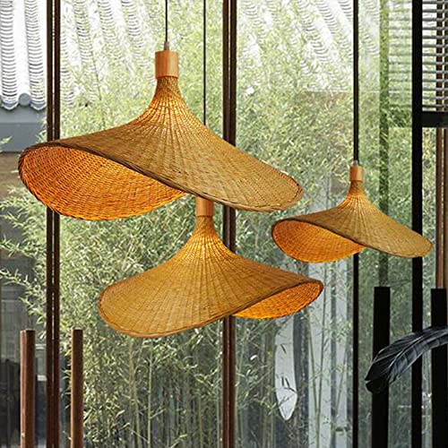 Lfoute Lámpara Colgante De Bambú Retro Lámpara De Araña Ratán Natural Forma De Sombrero Tejida A Mano E27 Luz Colgante Para Restaurante Comedor Sala De Estar Dormitorio Pasillo Decorativa,30cm Cover