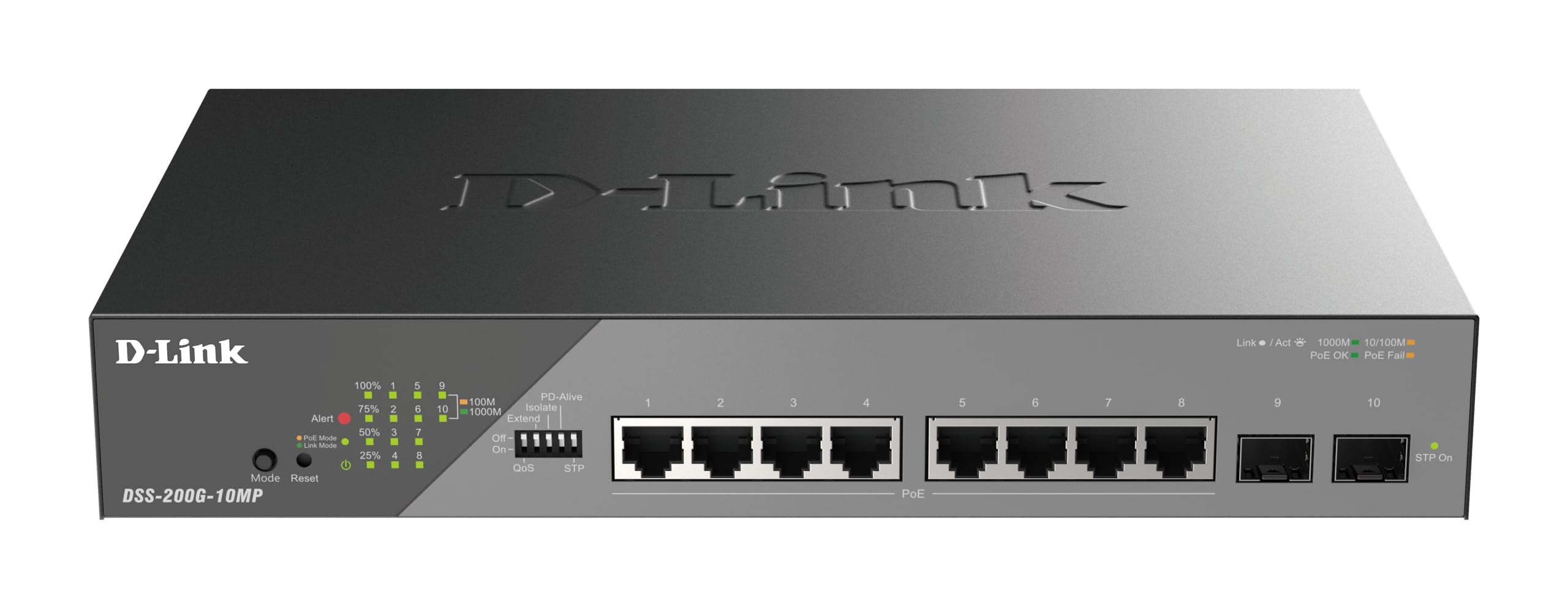 D-Link DSS-200G-10MP Smart Switch 10 Ports Gigabit PoE+ pour vidéosurveillance, 8 Ports PoE+ 1000BASE-T et 2 Ports SFP, 802.3af/at/BT, Budget PoE 130 W, Extension de 250 m, sans Ventilateur, ONVIF