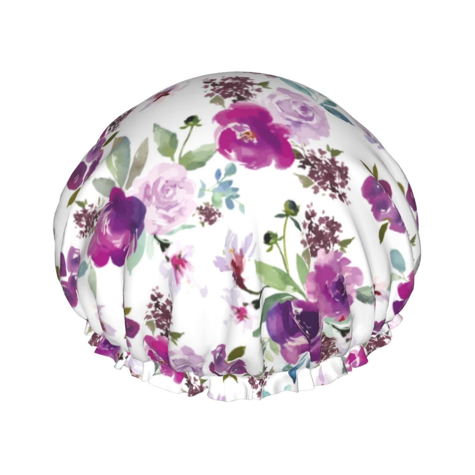 Hair Cap for Shower - Violets Flowers Purple Double Layer Shower Cap Reusable Waterproof, Large Shower Cap for Women, Hair Cap for Shower with Peva Lining and Elastic Rope
