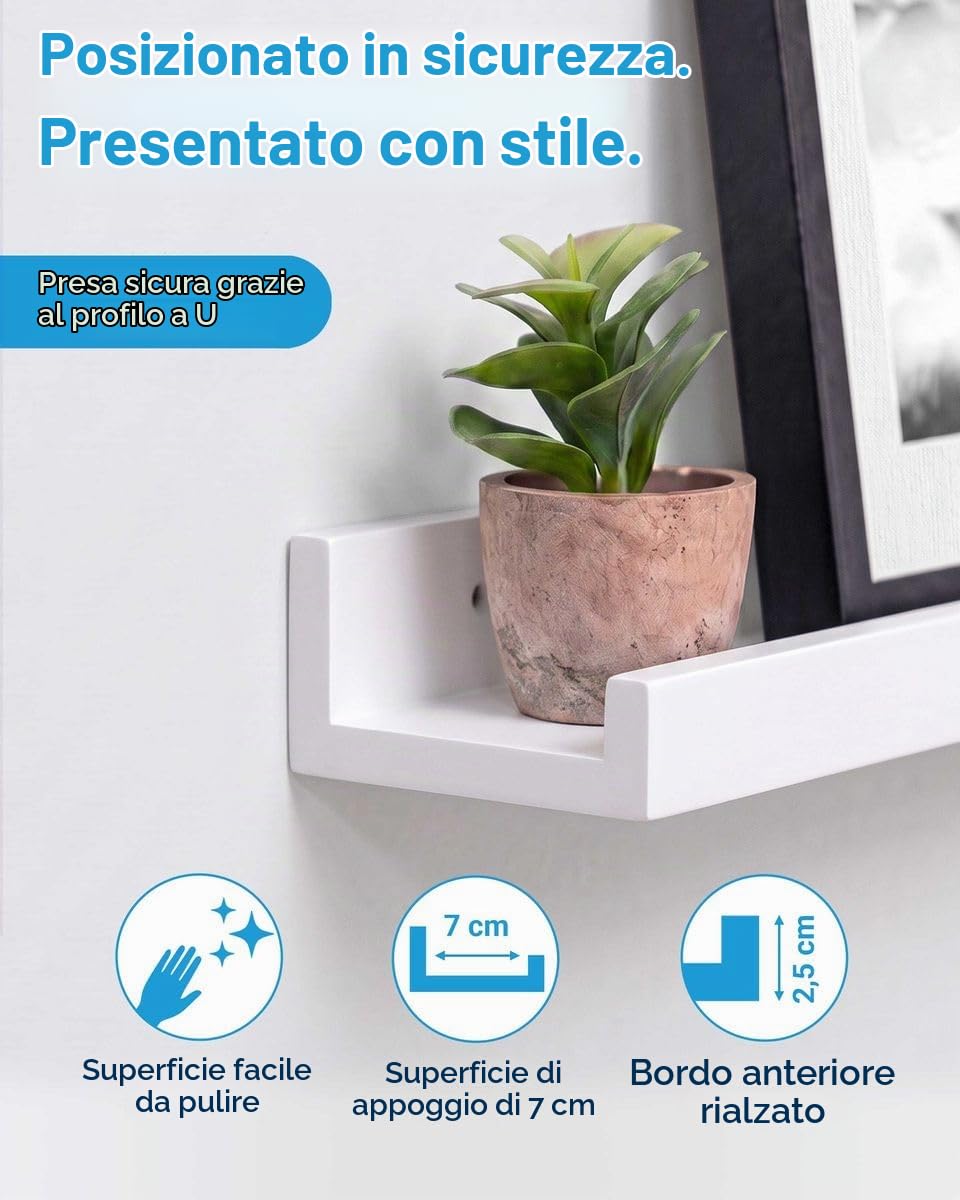 PHOTOLINI Mensola per foto, stabile in legno MDF bianco 70 cm, pannello galleria, set da 2, pannello da parete per foto, poster, per una configurazione flessibile, forma a U, facile da montare