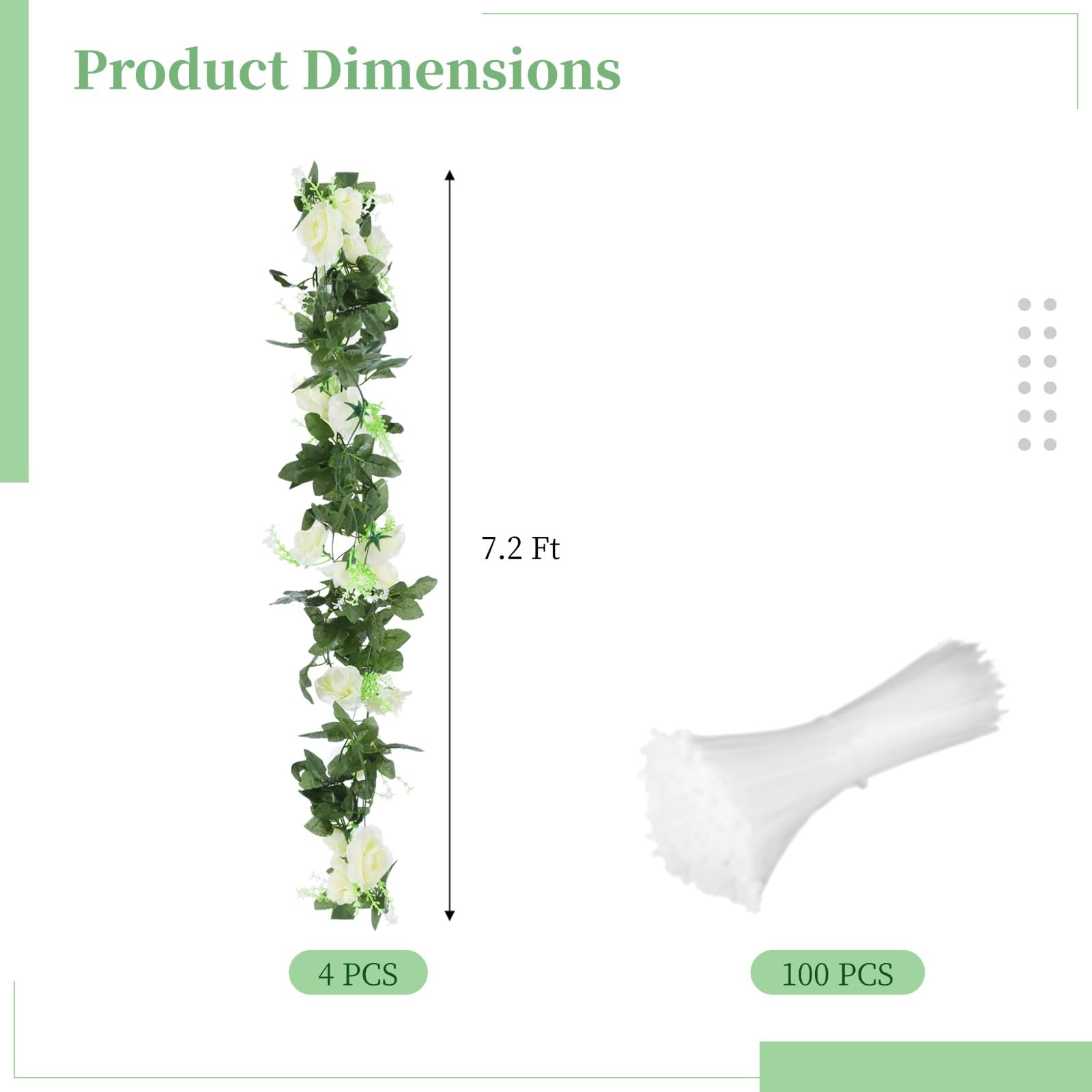 4 STK. Girlanden aus künstlichem Grün mit Blüten, 10 weiße Rosen, 7,2 ft Blumenranken aus Kunststoff, für Hochzeitsbogen, Tischmittelpunkt, Zeremonie Hintergrund, Party Deko