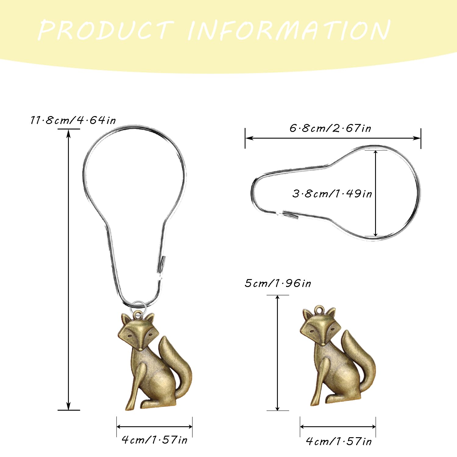 YRMLYMOP Animal Shower Curtain,Fox Shower Curtain Hooks Rust Proof Stainless Steel Curtain Rings, Decor Shower Hook Set of 12 with Fox Animal Pendant Accessory Set for Bath Room Bedroom Living Room