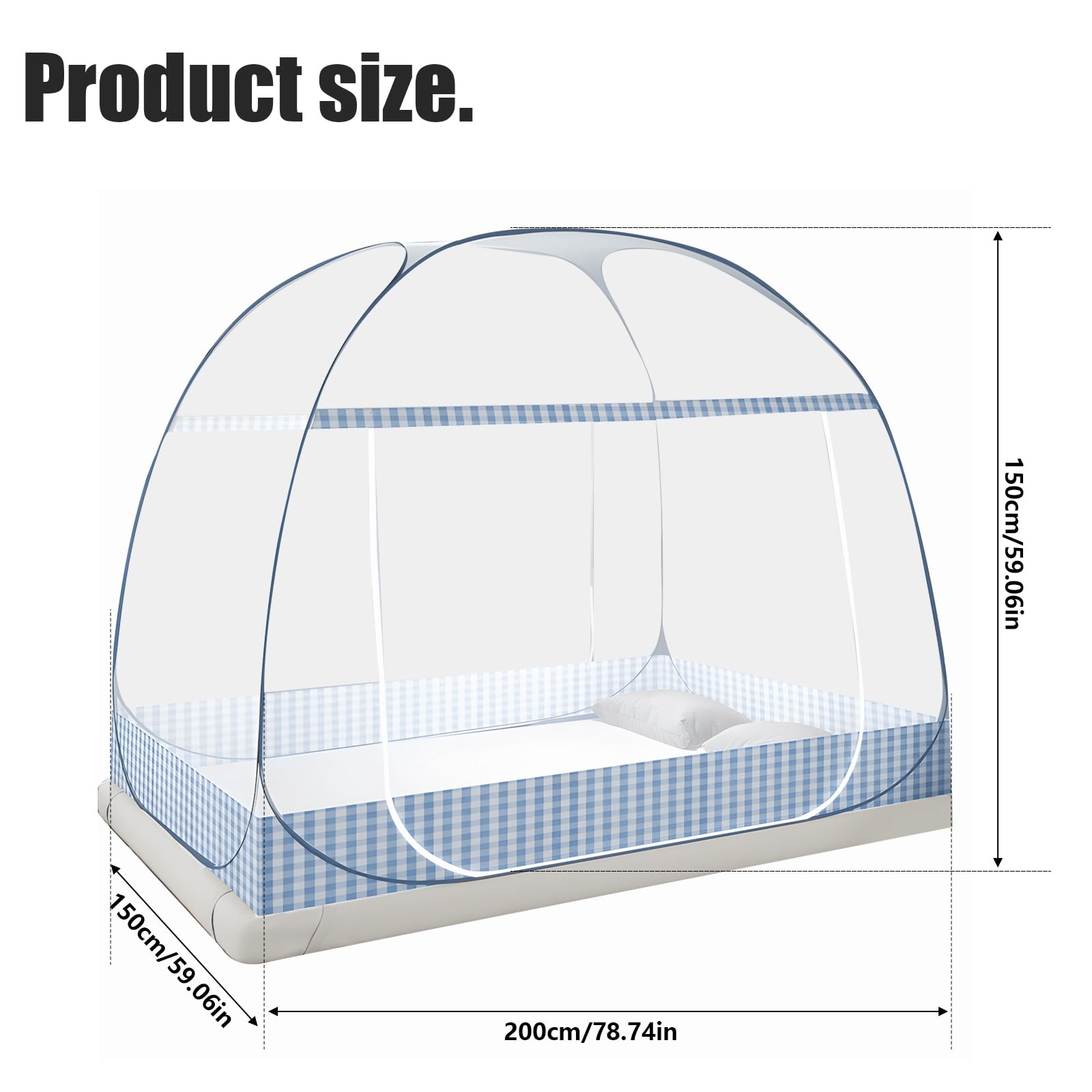 Klamboe bed pop-up draagbaar opvouwbaar muggennet voor reizen, groot muggennet voor tweepersoonsbed met ritssluiting, voor slaapkamer, slaapzalen, camping, hotel (blauw, 200 x 150 x 150 cm