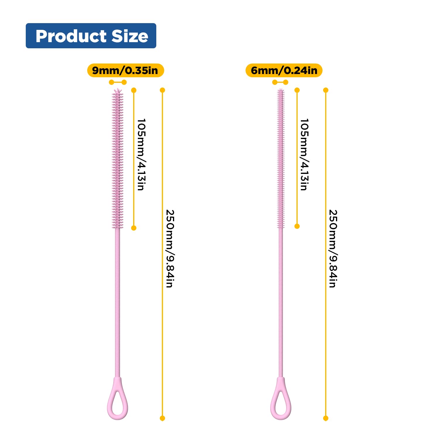 YOTIME Silicone Straw Cleaner Brush, 2Pcs Reusable Straw Brush Extra Long for Cleaning Glass Metal Smoothie Straws and Straw Cups, Non-slip Handle Soft and Bendable, 6mm+9mm, Pink