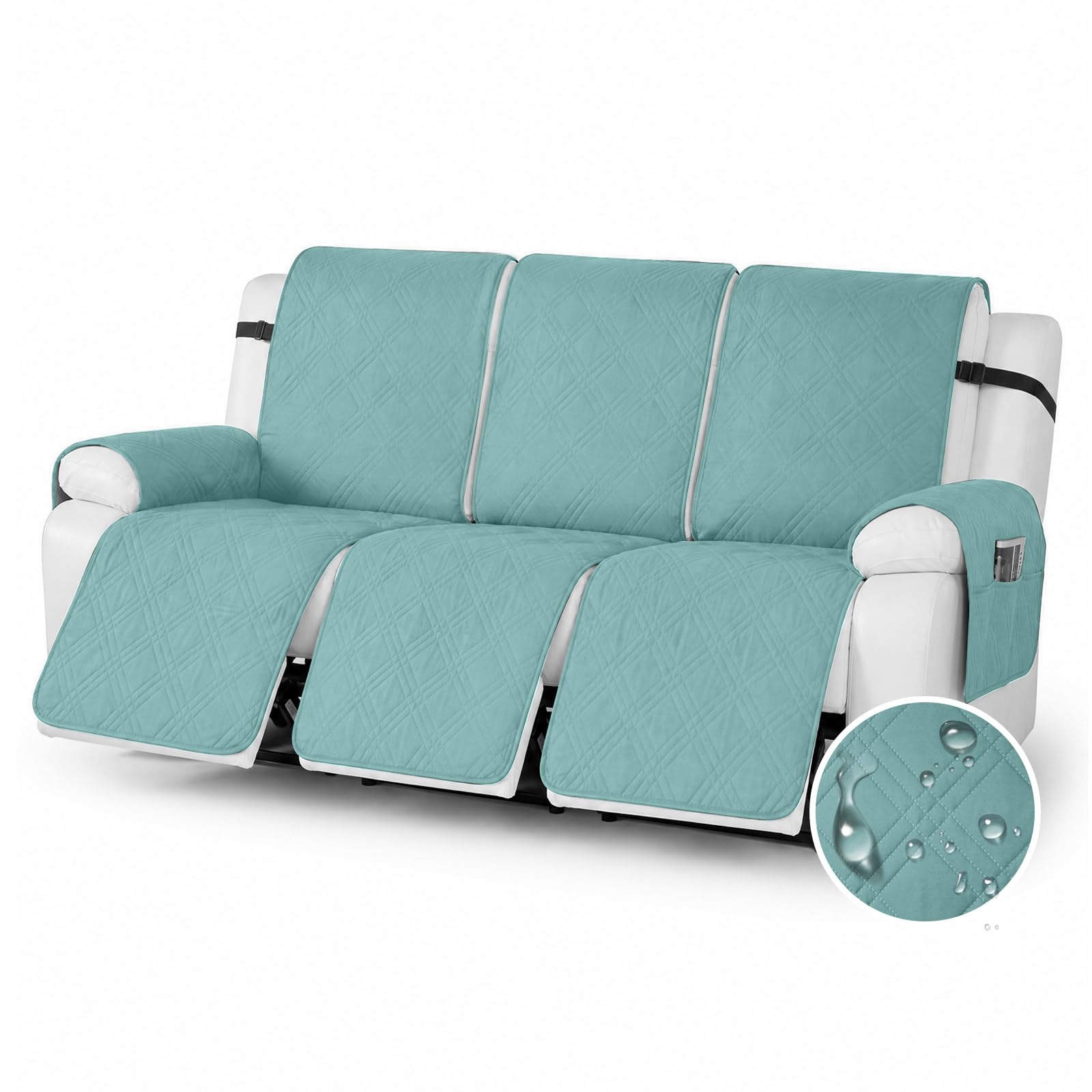 YushengTai Armchair Covers, 100% Waterproof, Anti-Slip, 3 Seater Recliner Chair Cover, Chair Covers for Armchairs with 4 Pockets, 3 Adjustable Straps (Blue)