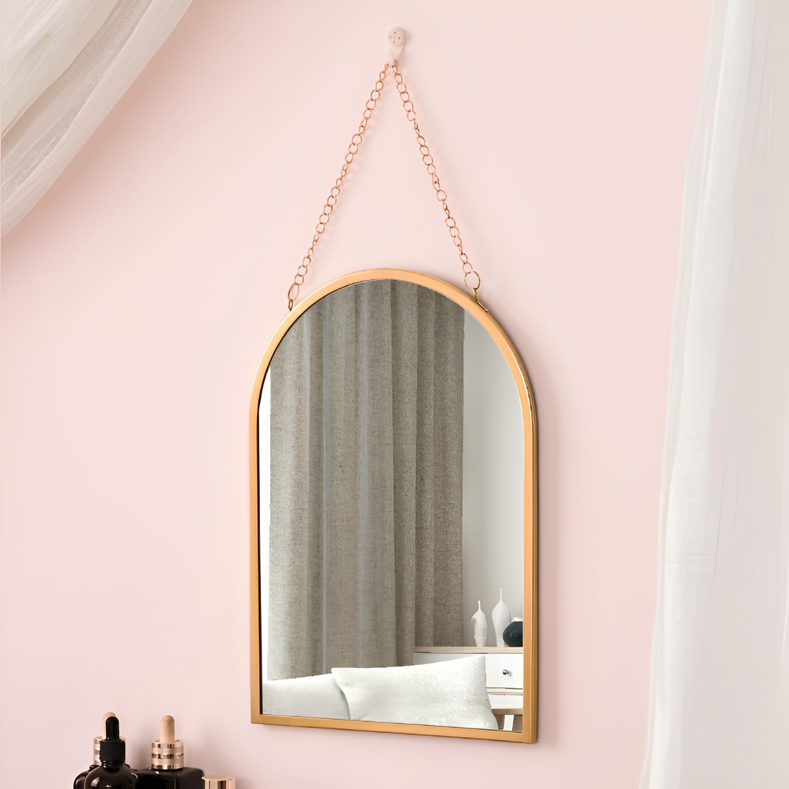 FGXHHS Arched/Oval Iron Frame Wall Mirror - Hanging Decorative With Chain For Living Room Bedroom Bathroom Hallway Decoration(Arch,36.5x25cm/14.4x9.8in)