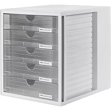HAN drawer box SYSTEMBOX with 5 closed drawers, desk or in the cupboard, incl. pull-out lock + labeling clip, furniture-friendly rubber feet, 1450-63, light gray/translucent-clear