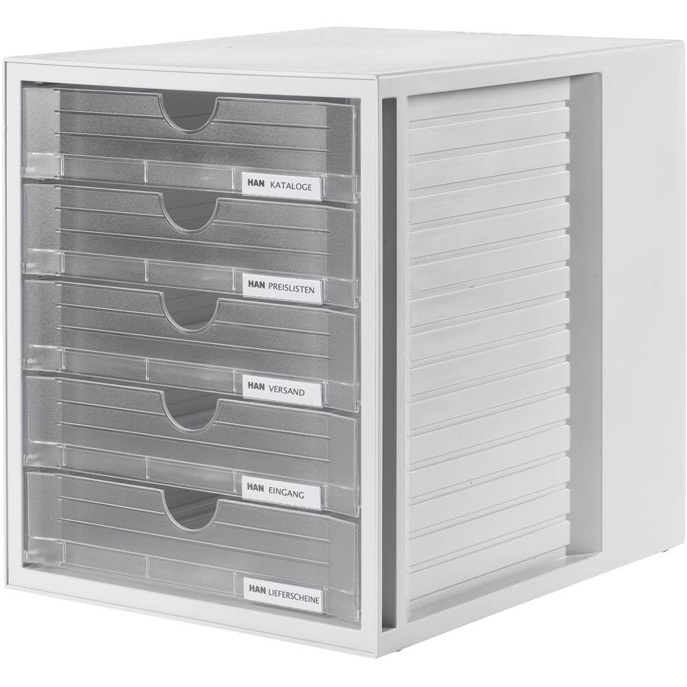 HAN Schubladenbox SYSTEMBOX mit 5 geschlossenen Schubladen, Schreibtisch oder im Schrank, inkl. Auszugsperre + Beschriftungsclip, möbelschonende Gummifüße, 1450-63, lichtgrau/transluzent-klar