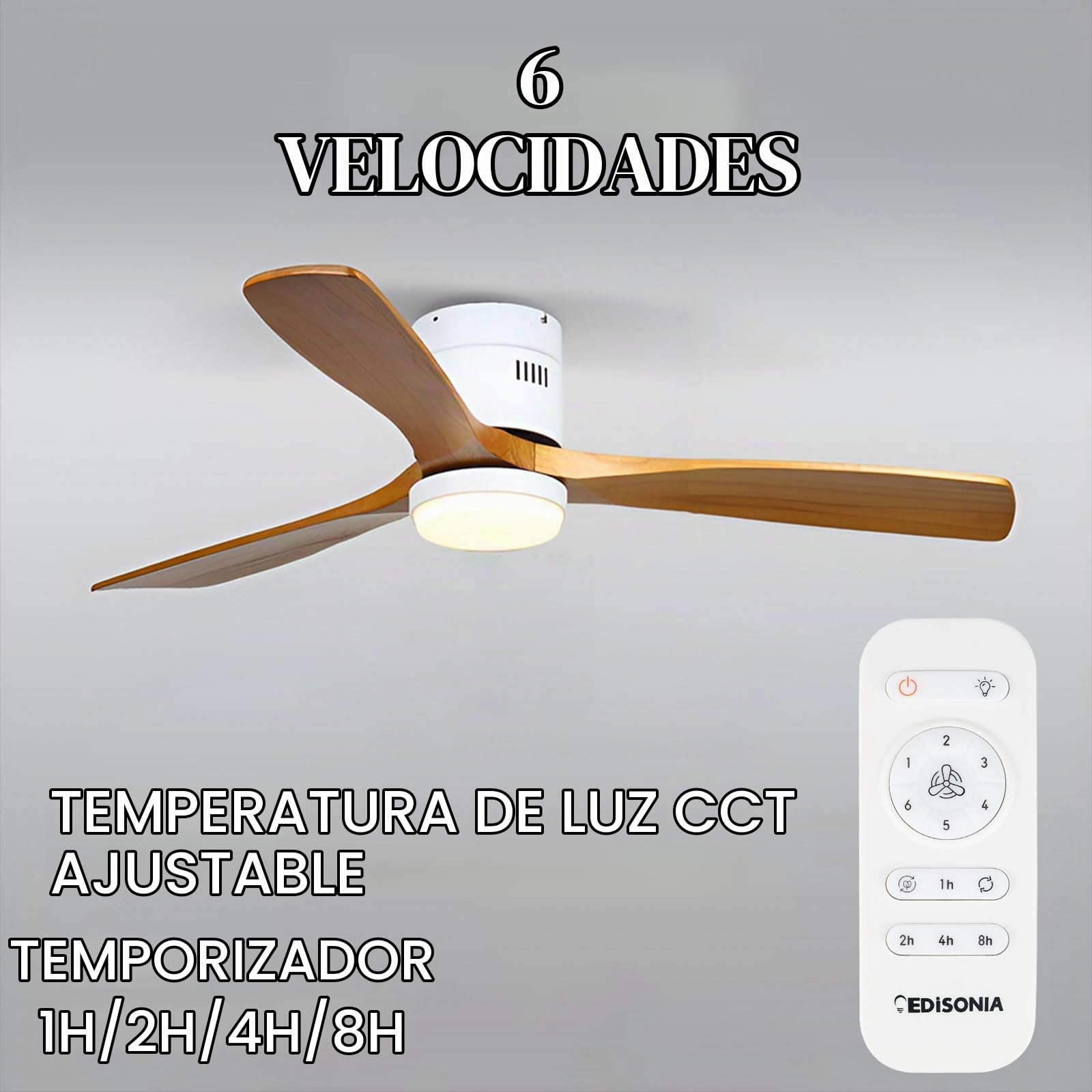 Ventilador de techo con luz blanco aspas efecto madera clara y mando / 40W, Silencioso, 3 temperaturas de luz, Ø132 cm, 6 velocidades,temporizador, función verano-invierno