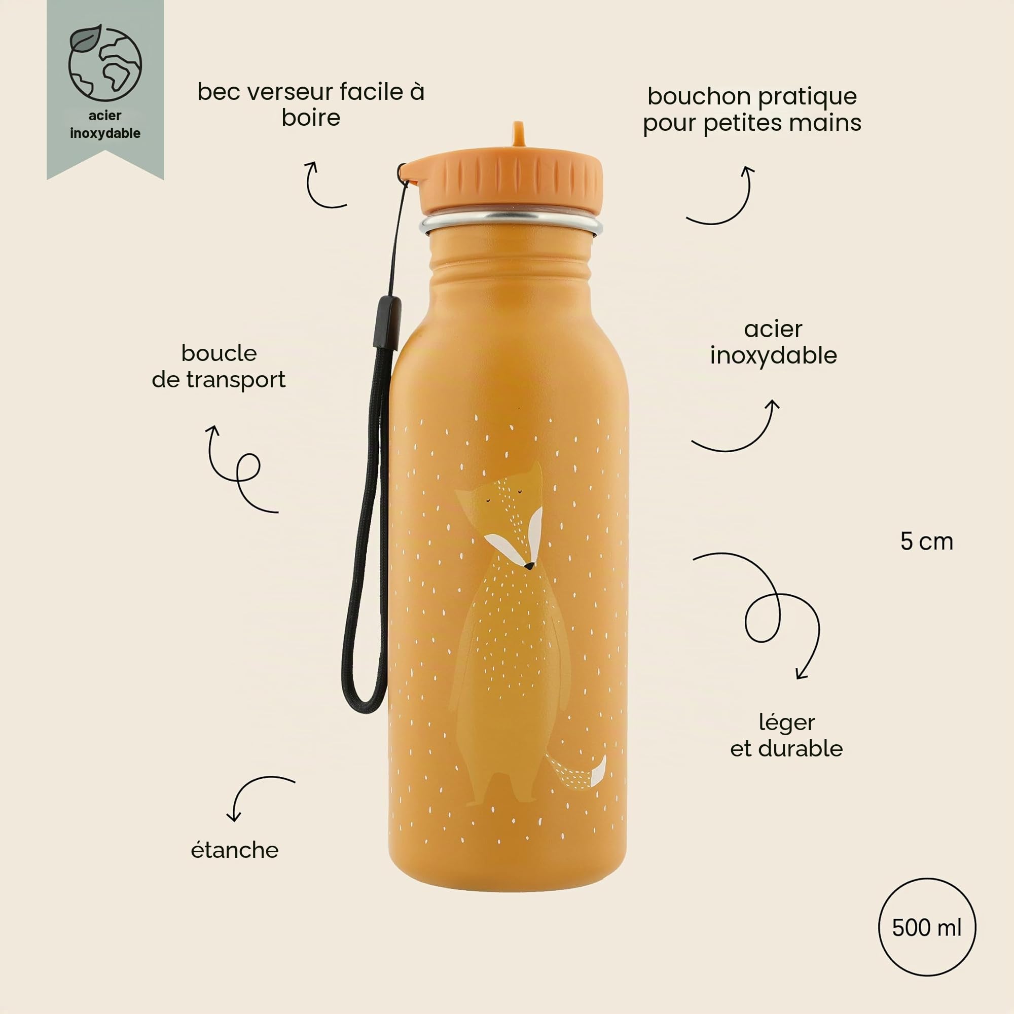 Trixie - Gourde pour Enfants en Acier Inoxydable 500ml - Mr. Fox (Renard)