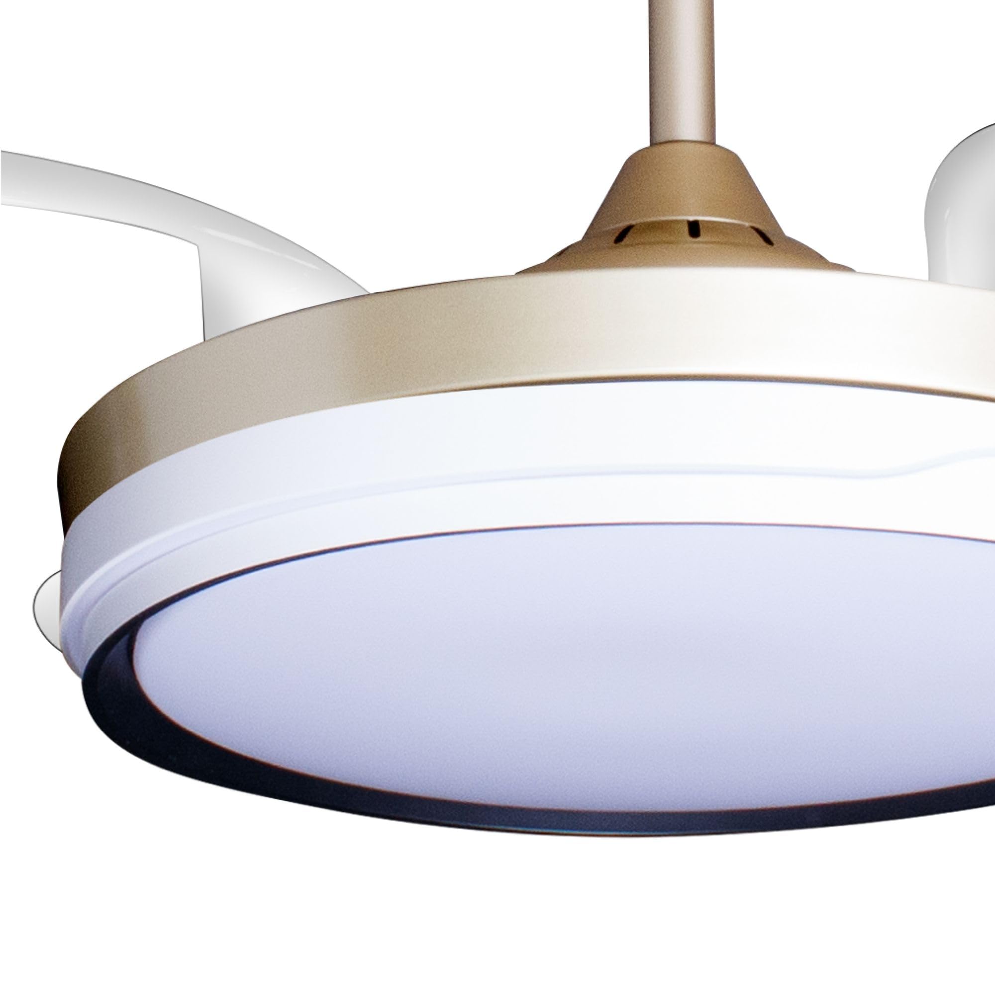 Eclipse Deckenventilator mit Beleuchtung, Leise mit 6 Windstufen, App | Fernbedienung, Sommer und Wintermodus, 4 transparente Rotorblätter, 4500 m³/h, CTT 3000 K-6500 K, Goldfarbene Basis, Kelora
