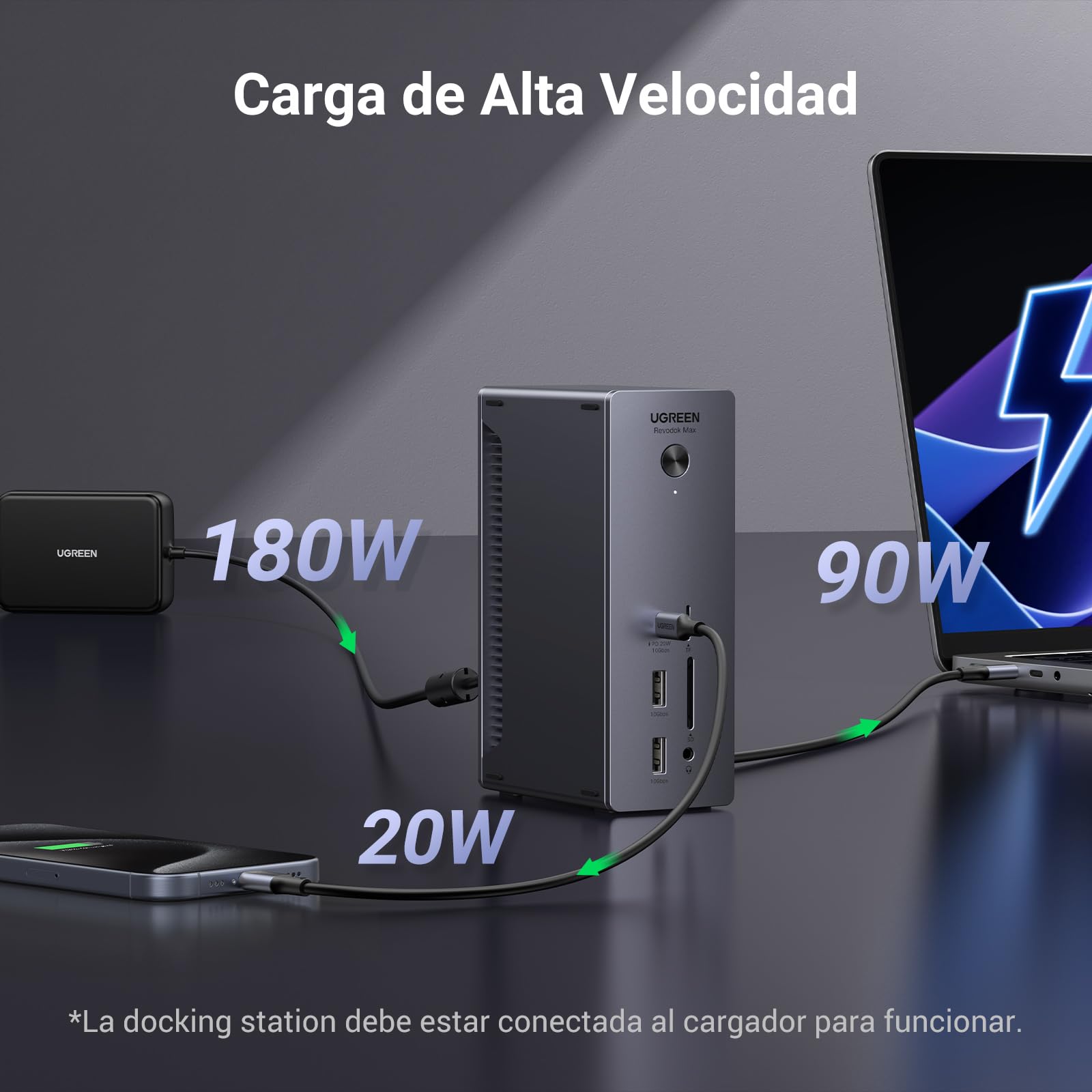 UGREEN Revodok MAX 213 Thunderbolt 4 Docking Station 13 en 1 Doble Pantalla | 2 TBT4, 1 DisplayPort, 40Gbps, Doble 4K60Hz, Único 8K30Hz, 4A1C, RJ45 2.5GbE, SD TF, Carga 90W, DC 180W, Audio 3,5 mm