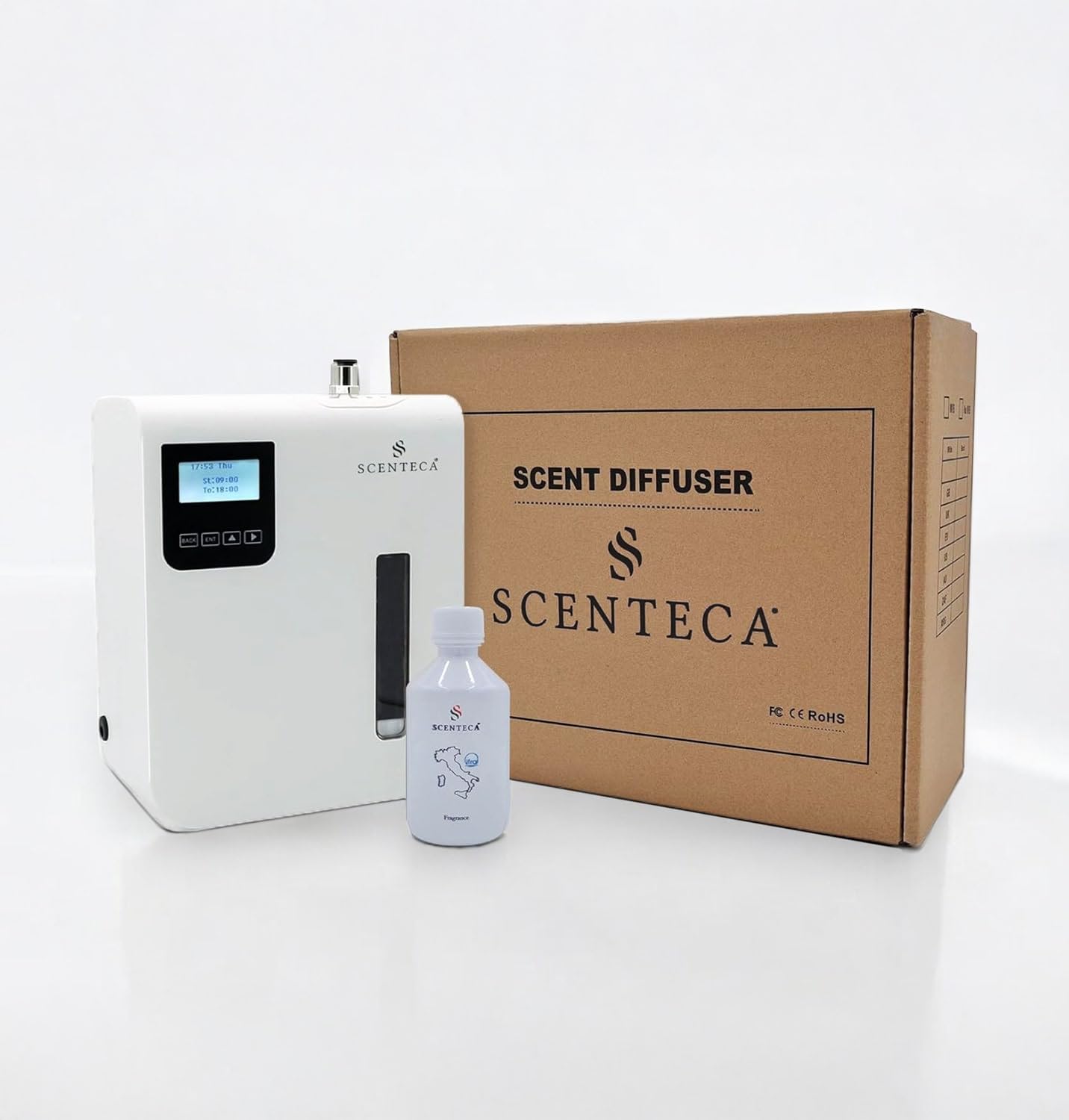 SCENTECA Difusor eléctrico de aceites esenciales Modelo AD-P3, con fragancia de Té Blanco y Flores de Primavera incluida, nebulización en frío, cobertura de hasta 100 m², para casa y oficina (100 ML)