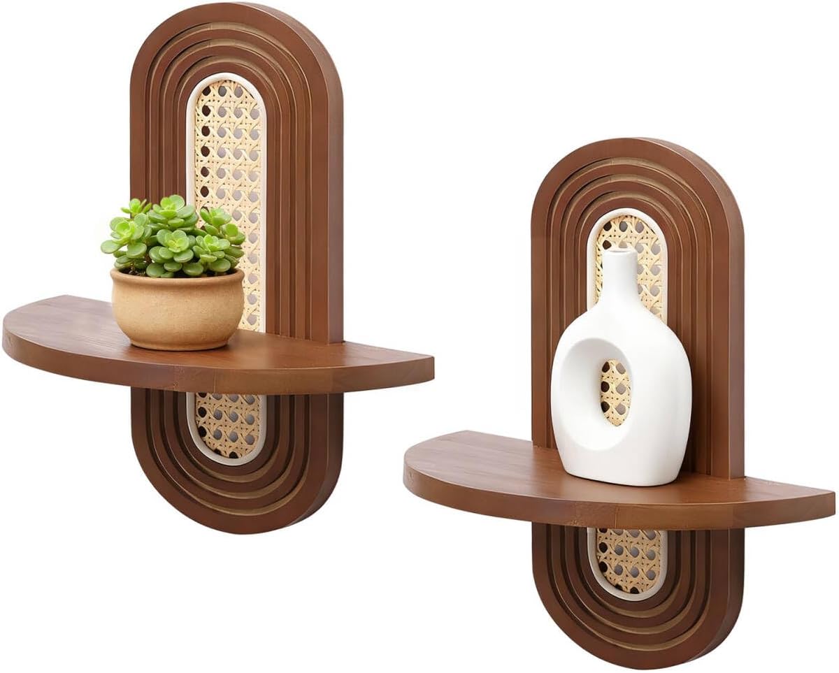 Floating Shelves for Wall, Set of 2 Arched Boho Plant Shelf with Rattan Woven Wall Decor, Solid Wood Wall Mounted Decorative Shelf for Living Room Bedroom & Plant Wall Decor, Walnut Finish