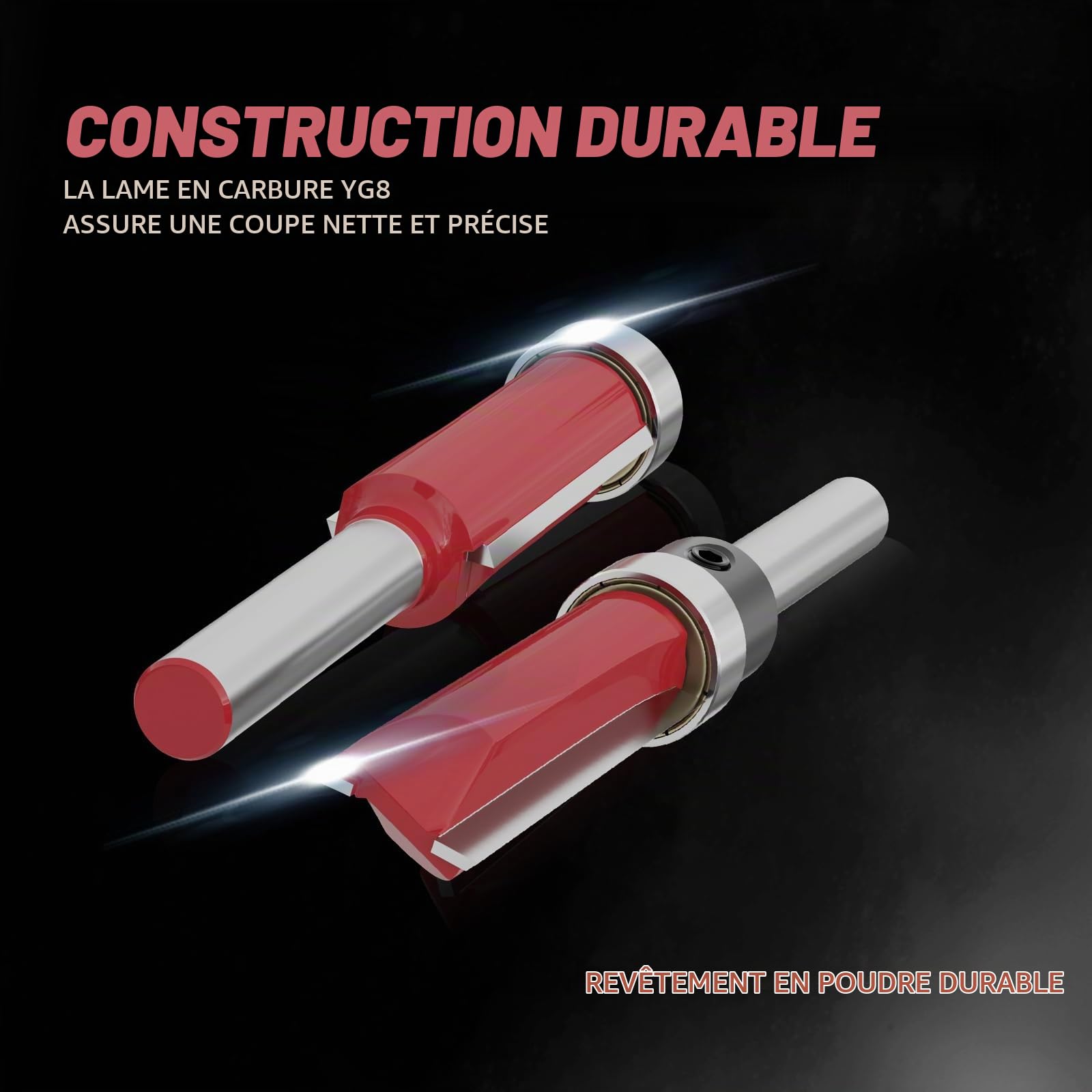 CSOOM 10 pièces Fraises à affleurer avec 2 embouts magnétiques à frapper, 6 roulements, 2 clés, Set de fraises à affleurer à queue de 8mm，Fraises en carbure, outils pour le travail du bois