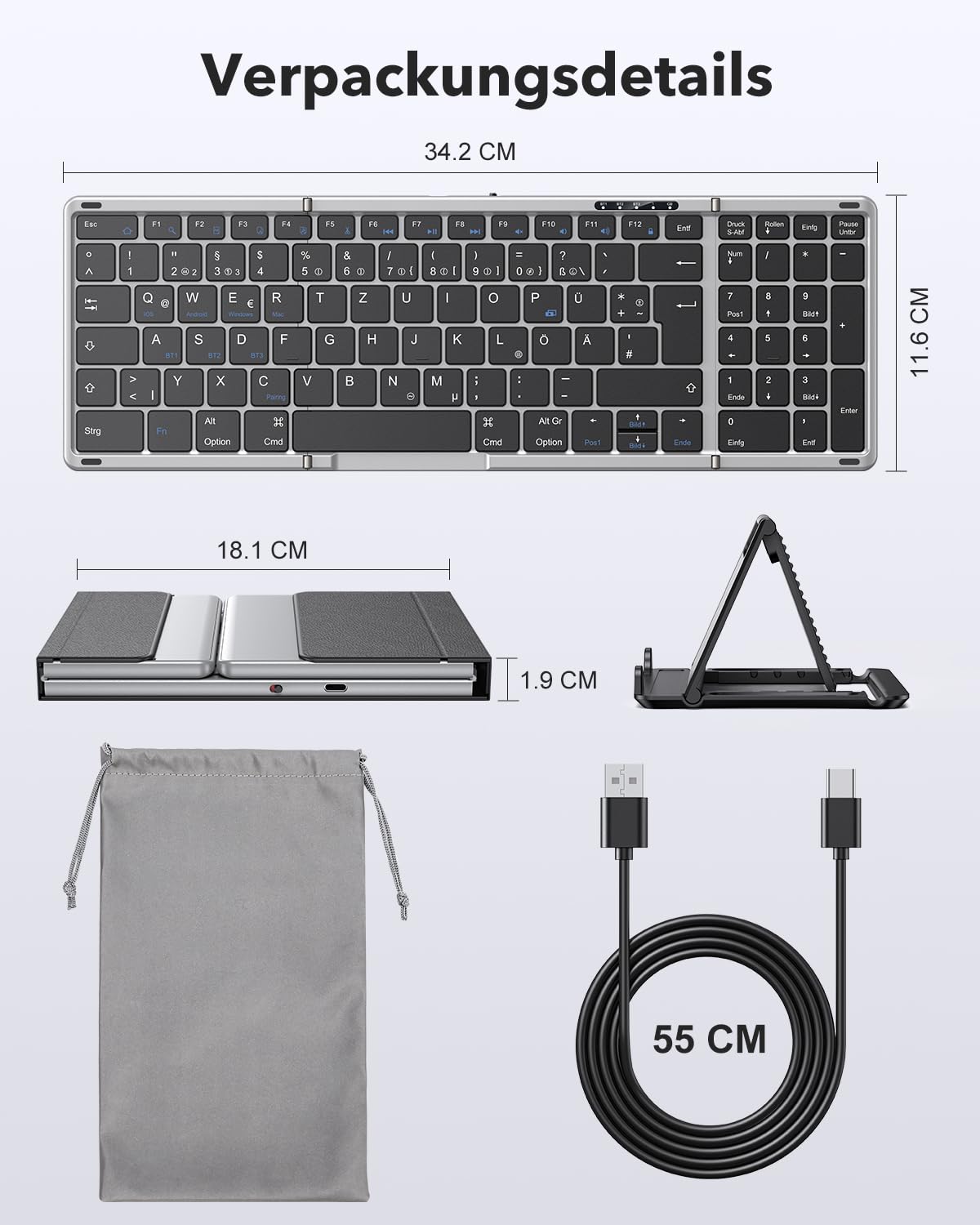 OMOTON Bluetooth Tastatur Faltbare mit Ziffernblock, QWERTZ Deutsches