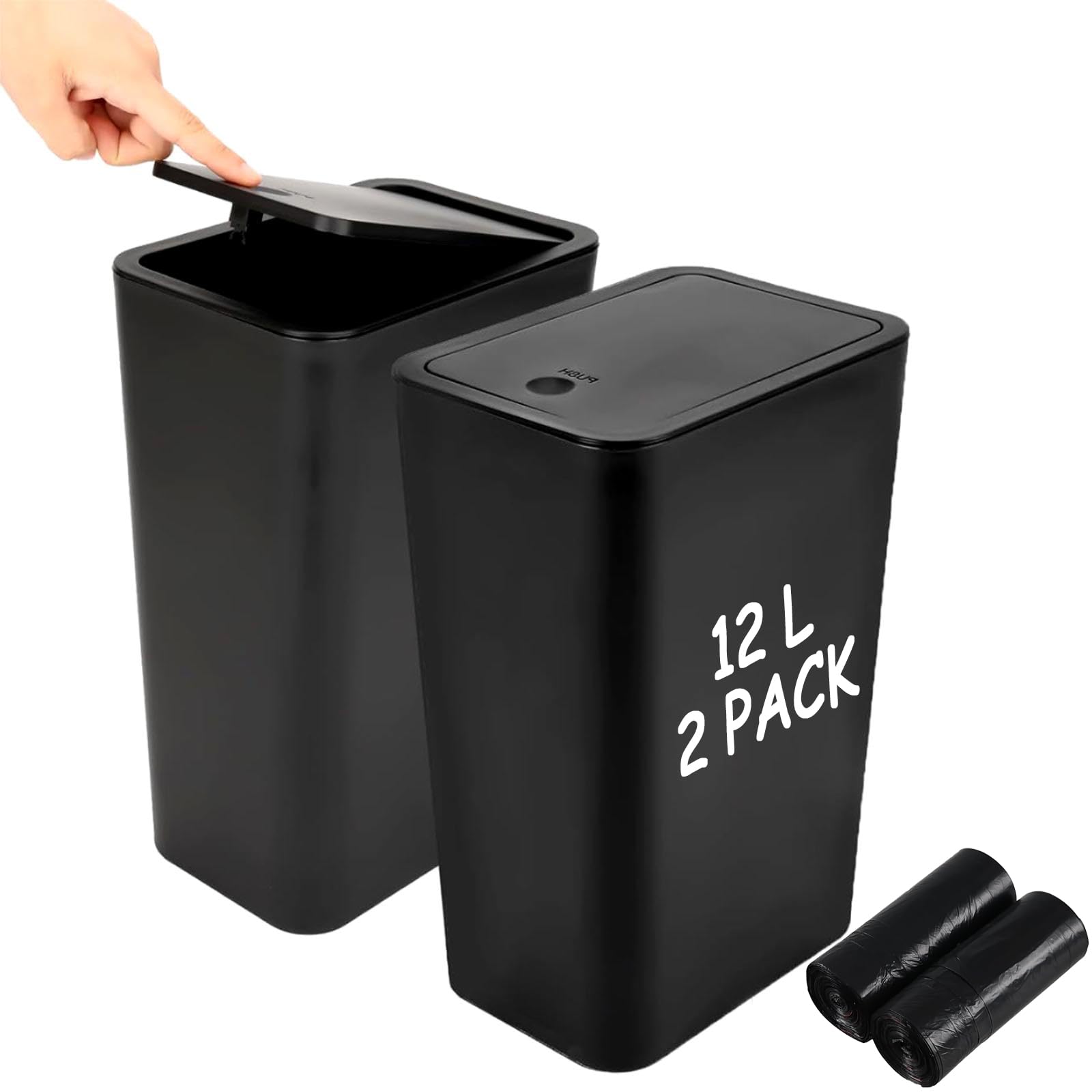 MUXHEL 2PCS Large Black Bathroom Bin with Lid, 12.5L Large Push Button Plastic Kitchen bin with Lid, Touch Top Narrow Bedroom Bin with lid Rubbish Bin Toilet Bin for Bedroom, Toilet, Kitchen, Office