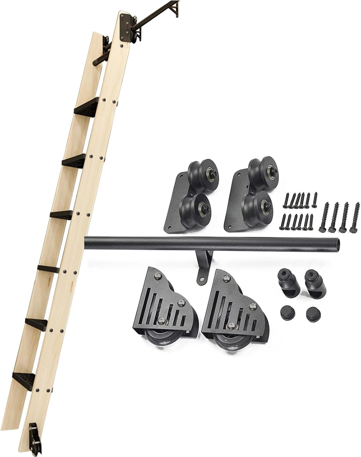 Library Sliding Ladder Hardware Kit, 3.3ft-20ft Rolling Ladder Track, Black Steel Round Tube Mobile Rails with Floor Roller Wheels, Easy to Install (No Ladder) (13ft/400cm Track ki
