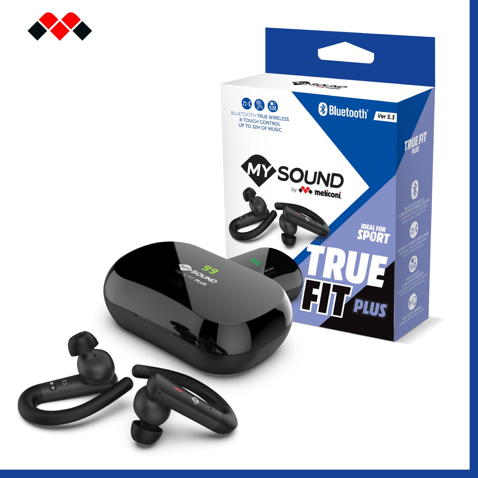 MELICONI MYSOUND True FIT Plus - Écouteurs True Wireless Bluetooth 5.3 Noir, Idéal pour Le Sport, Commande Tactile, Boîtier de Chargement avec LED, Batterie de 32 Heures