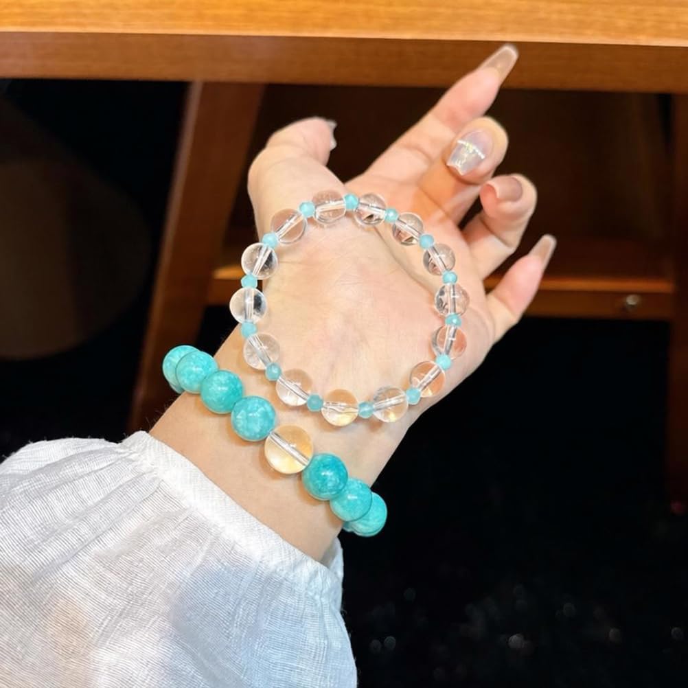 Pulsera de 2 Piezas con Cuentas Redondas de Cristal curativo, amazonita y Cuarzo Transparente, joyería elástica con Piedras Preciosas para Mujer
