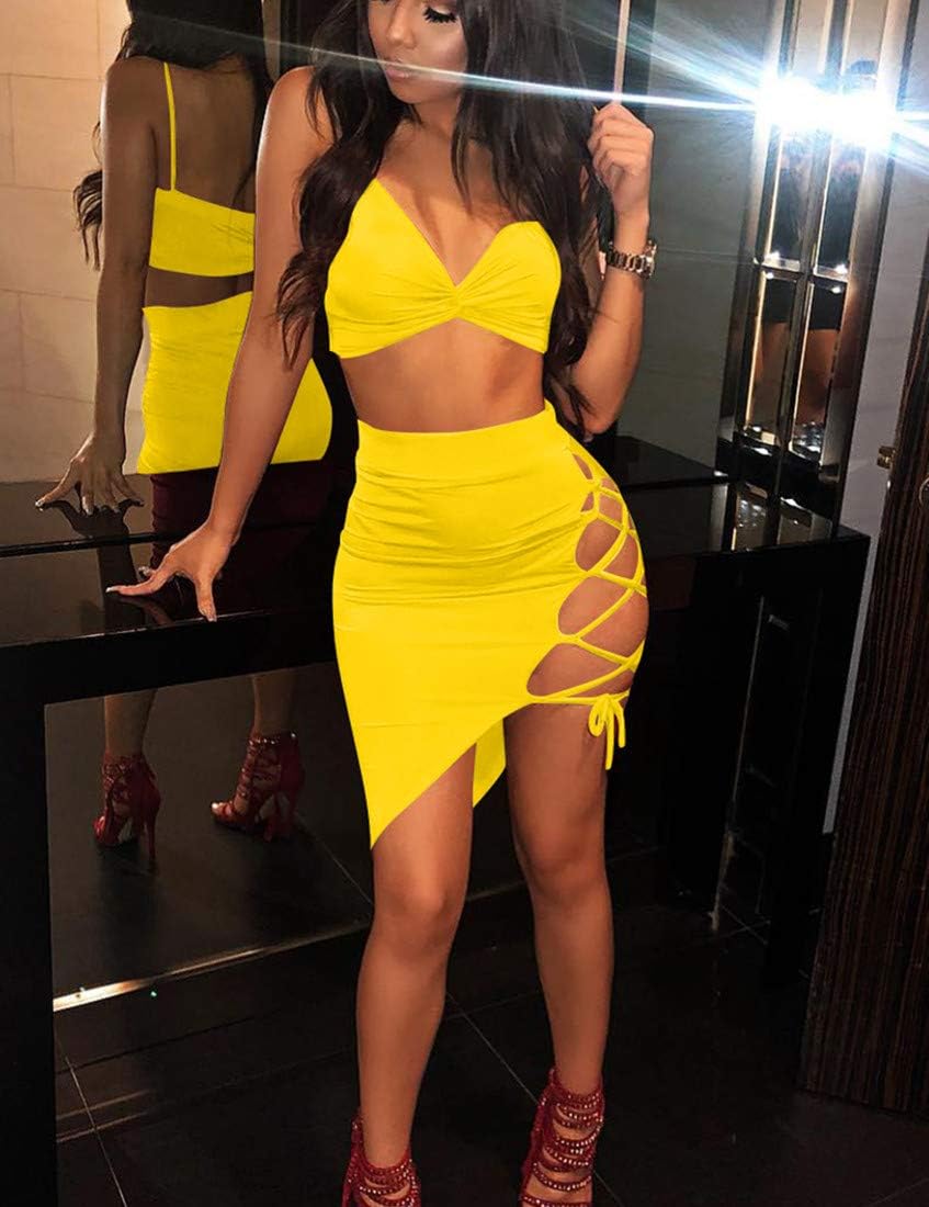 Women's Sexy Sleeveless Bodycon Club Mini Dress 2024 Summer Spaghetti Strap Cut Out Two Piece Skirt Sets - Image 5