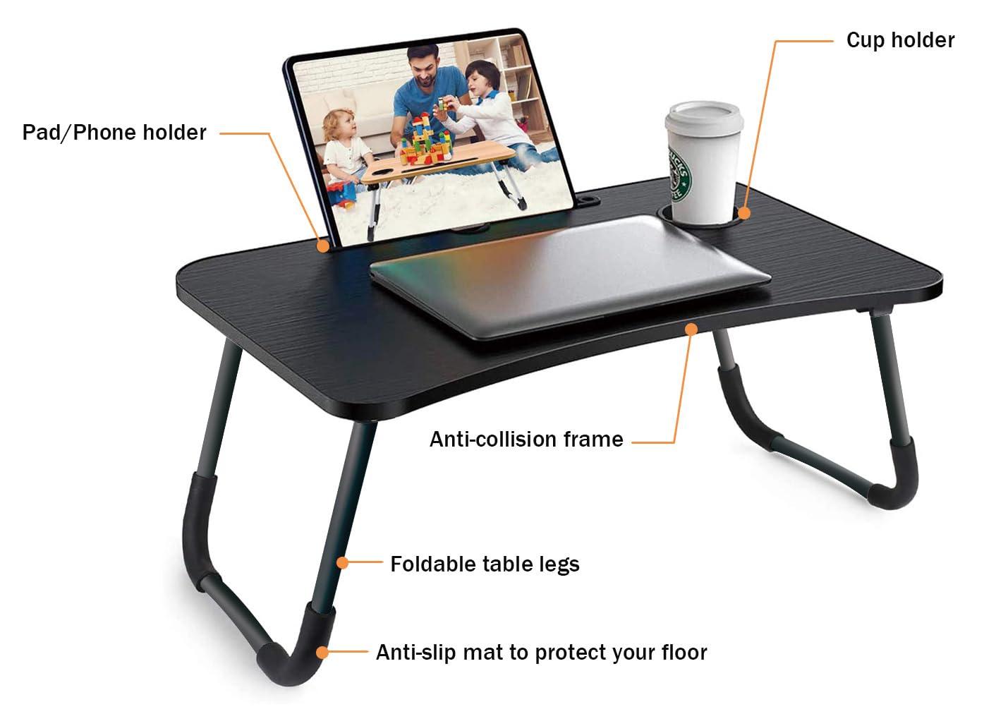 Tavolino da Letto Nero Colazione Pieghevole Tavolo Letto Regolabile e Portatile per Laptop PC Supporto Notebook Computer Tablet 60x40x28cm (Nero)
