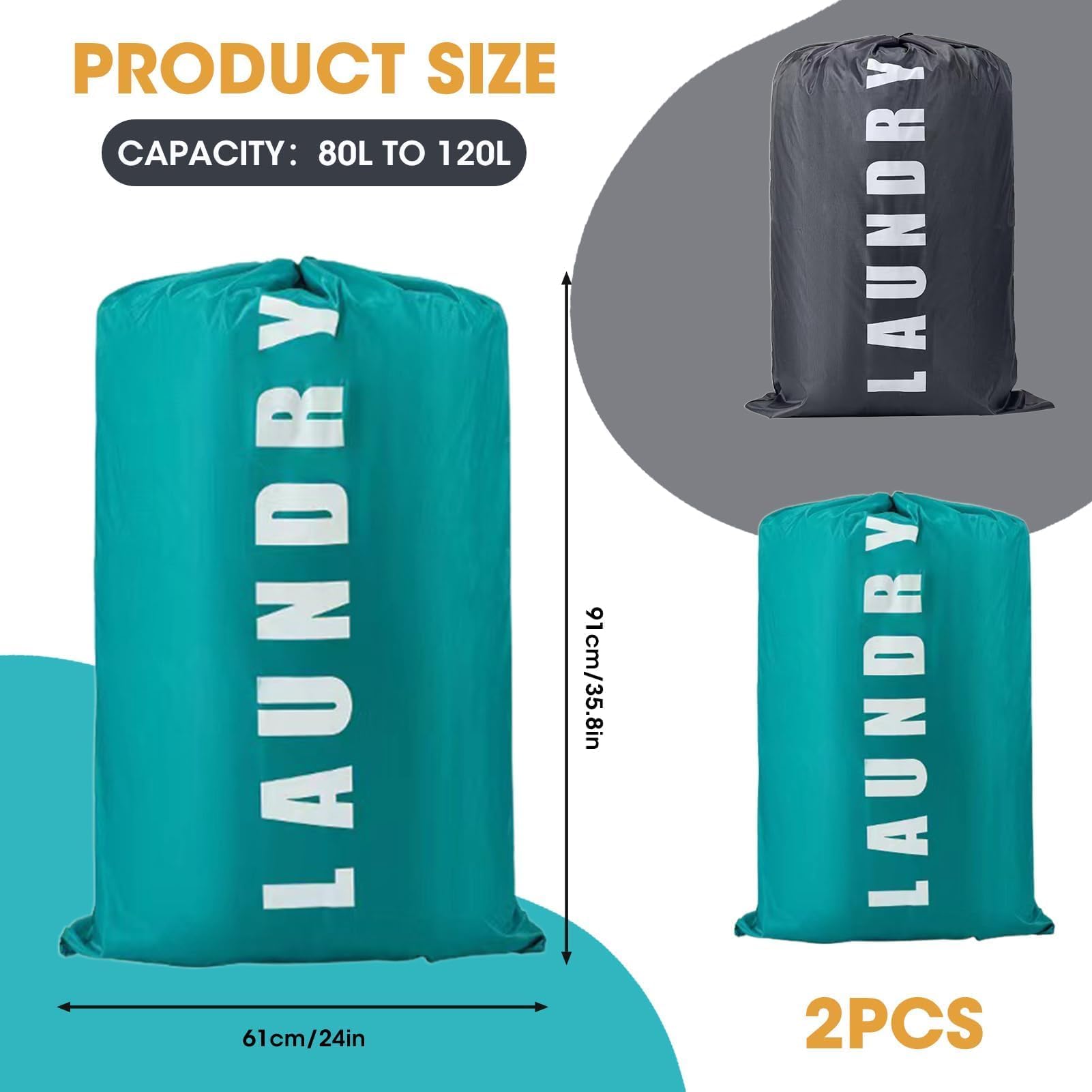 Large Travel Laundry Bag with Drawstring Cord 2 Pack 24" x 36" Portable Clothes Bags Extra Big Dirty Clothing Storage Sack Rip-Stop Washing Bag for Trip Caravan Bathroom Home Dormitory Blue and Grey - Image 2